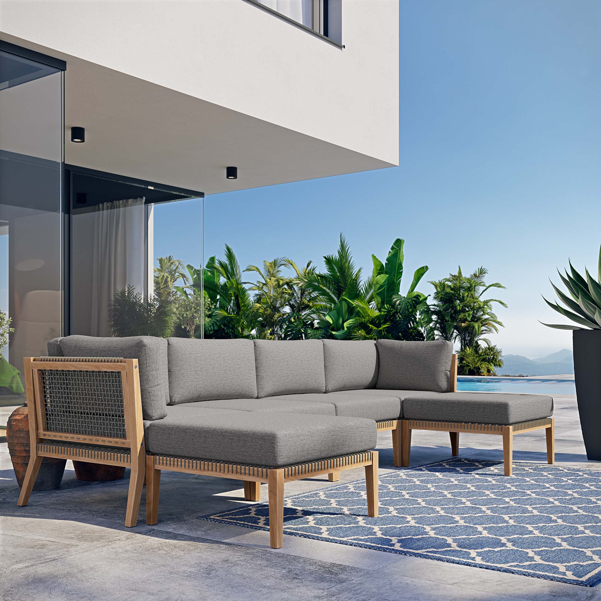 Modway Clearwater 6-Piece Outdoor Patio Teak Wood Sectional Sofa