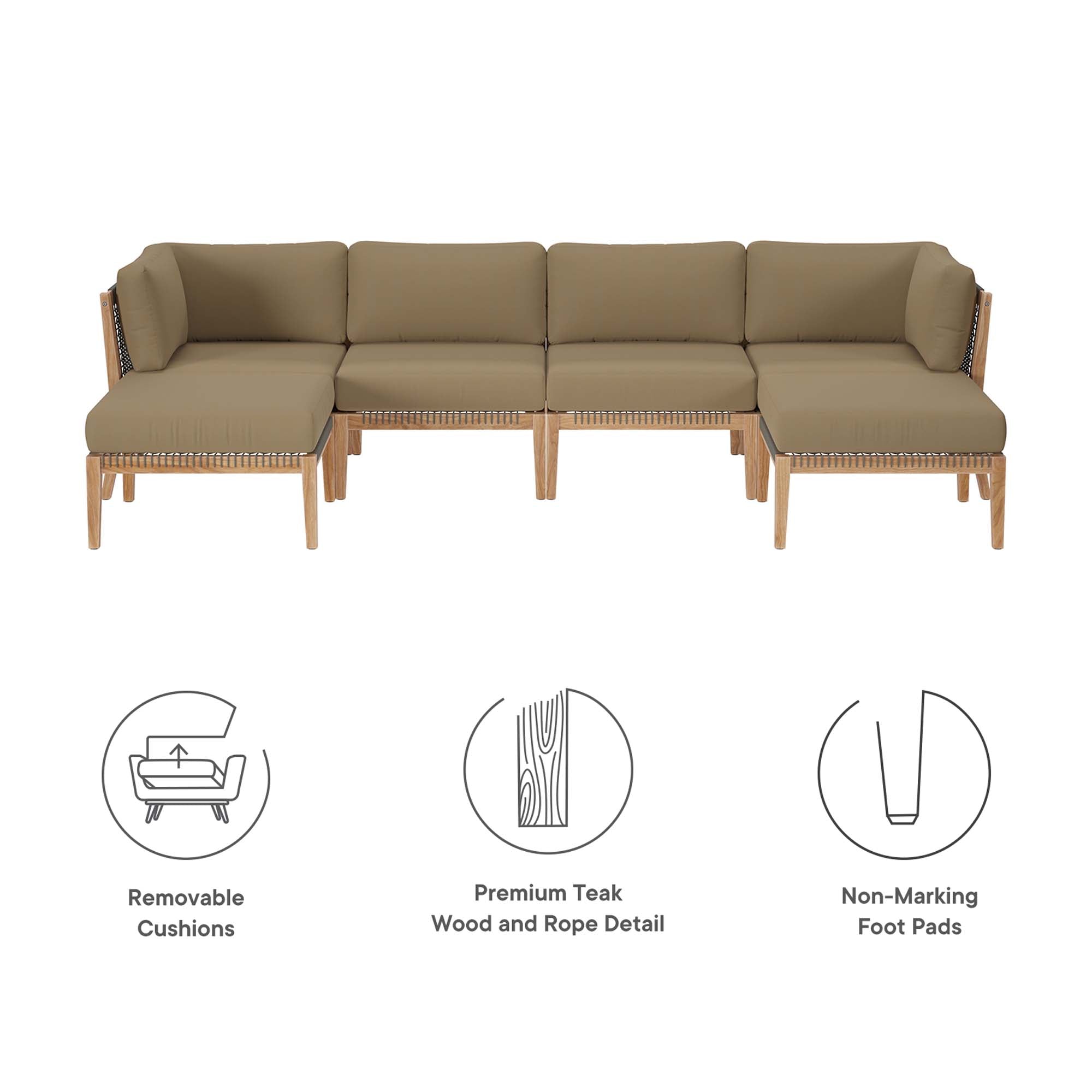 Modway Clearwater 6-Piece Outdoor Patio Teak Wood Sectional Sofa