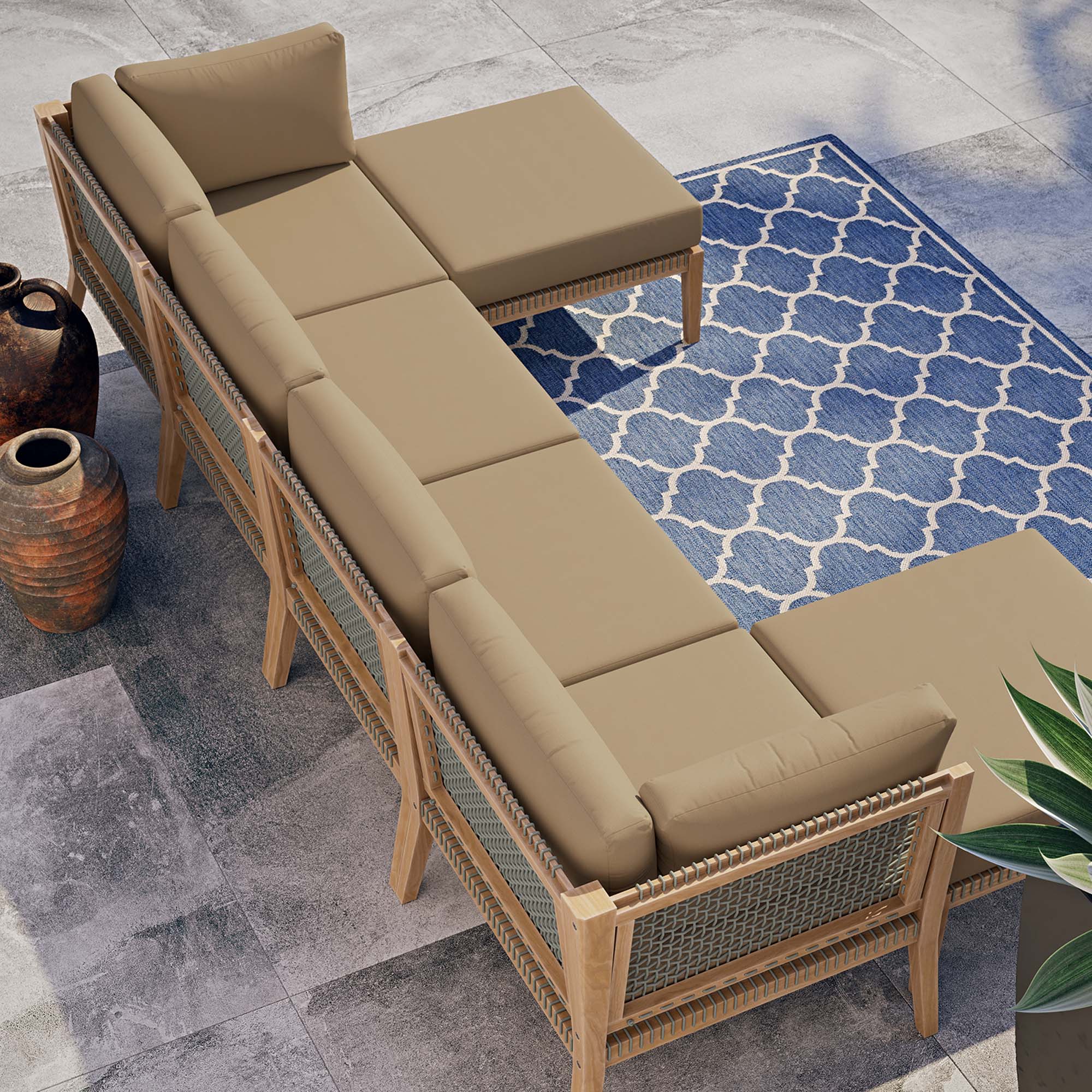 Modway Clearwater 6-Piece Outdoor Patio Teak Wood Sectional Sofa
