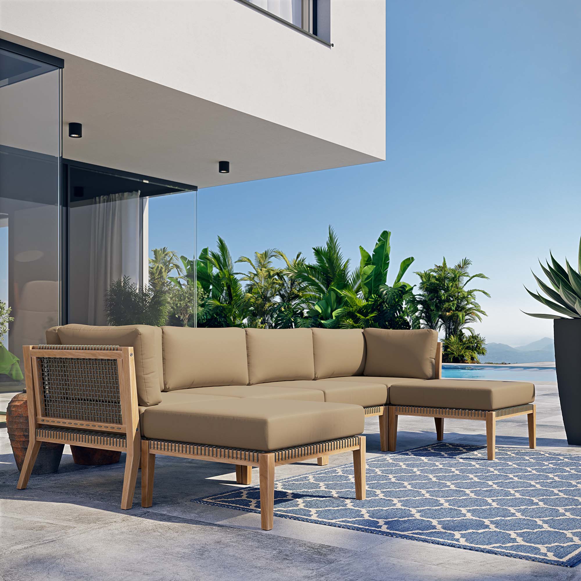 Modway Clearwater 6-Piece Outdoor Patio Teak Wood Sectional Sofa