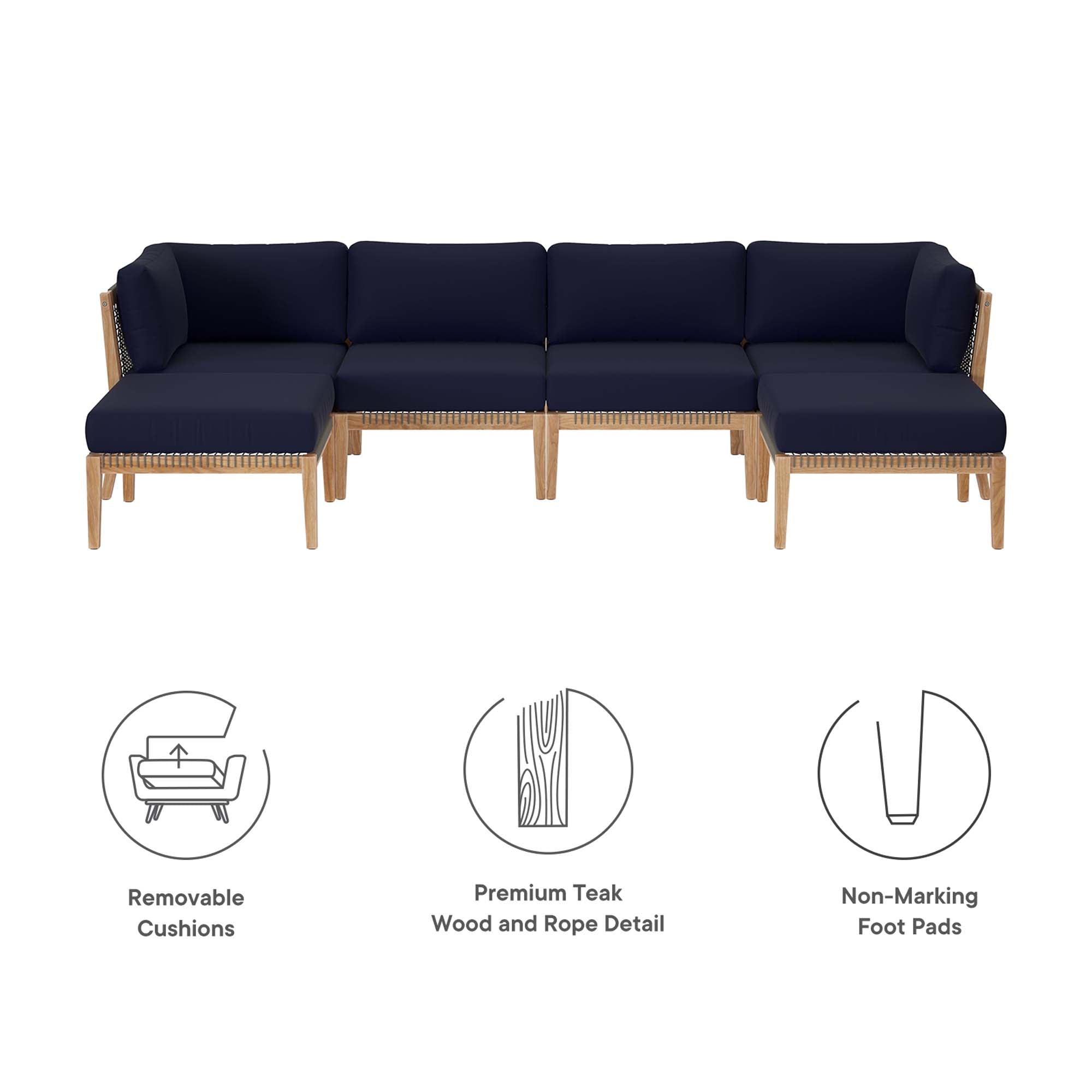 Modway Clearwater 6-Piece Outdoor Patio Teak Wood Sectional Sofa