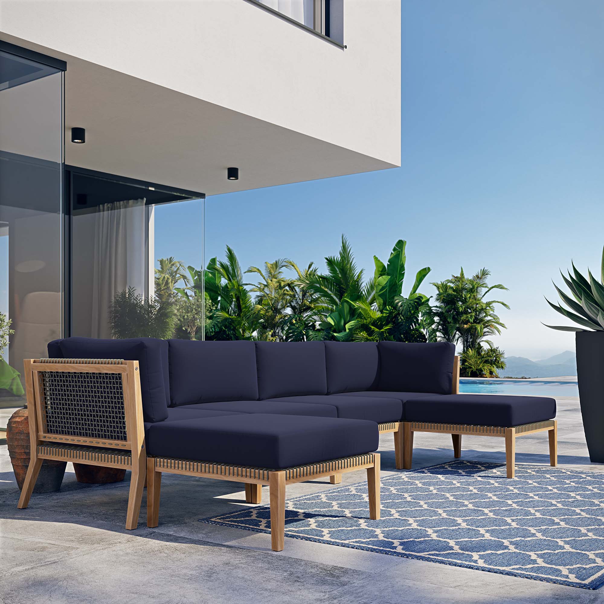 Modway Clearwater 6-Piece Outdoor Patio Teak Wood Sectional Sofa