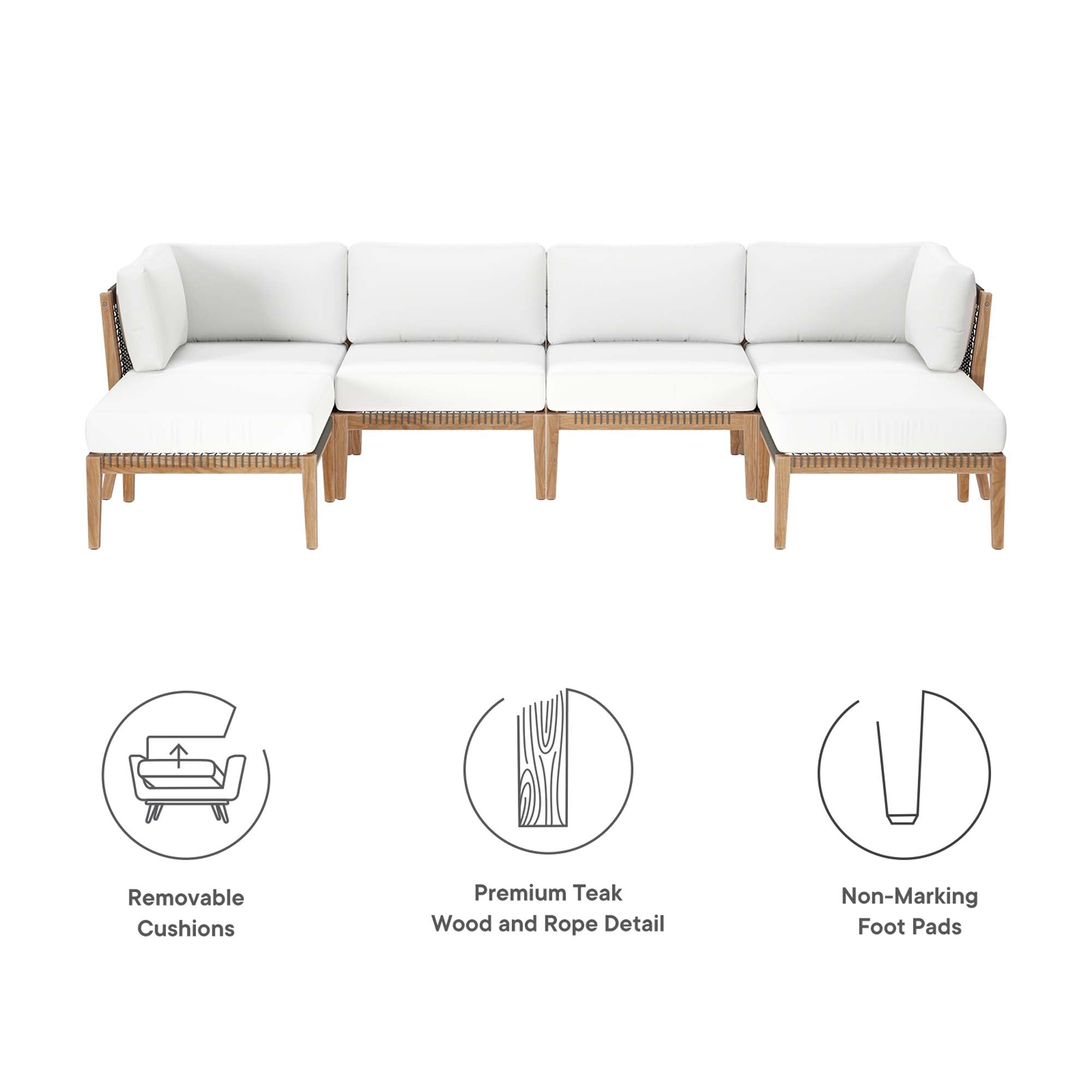 Modway Clearwater 6-Piece Outdoor Patio Teak Wood Sectional Sofa