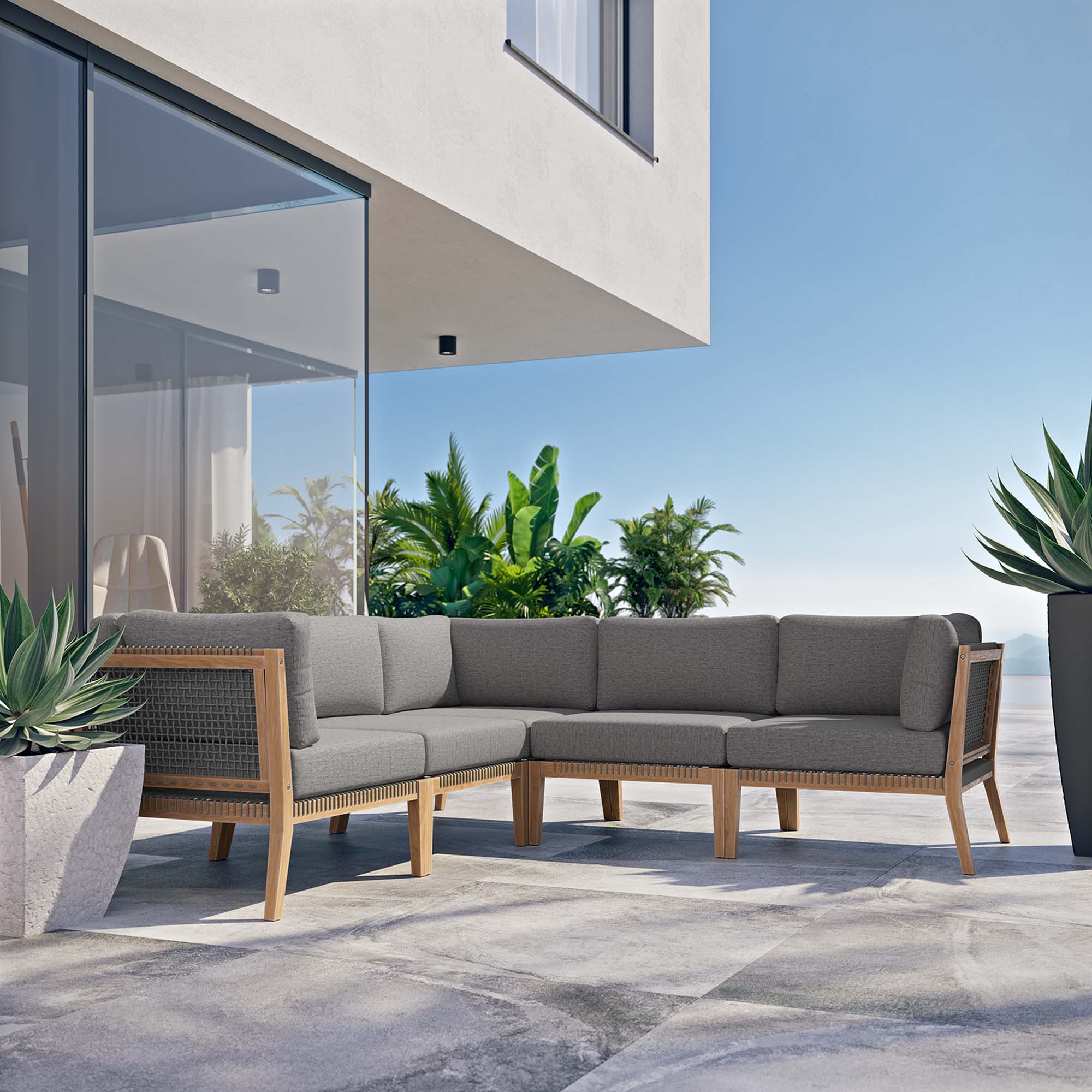 Modway Clearwater 5-Piece Outdoor Patio Teak Wood Sectional Sofa