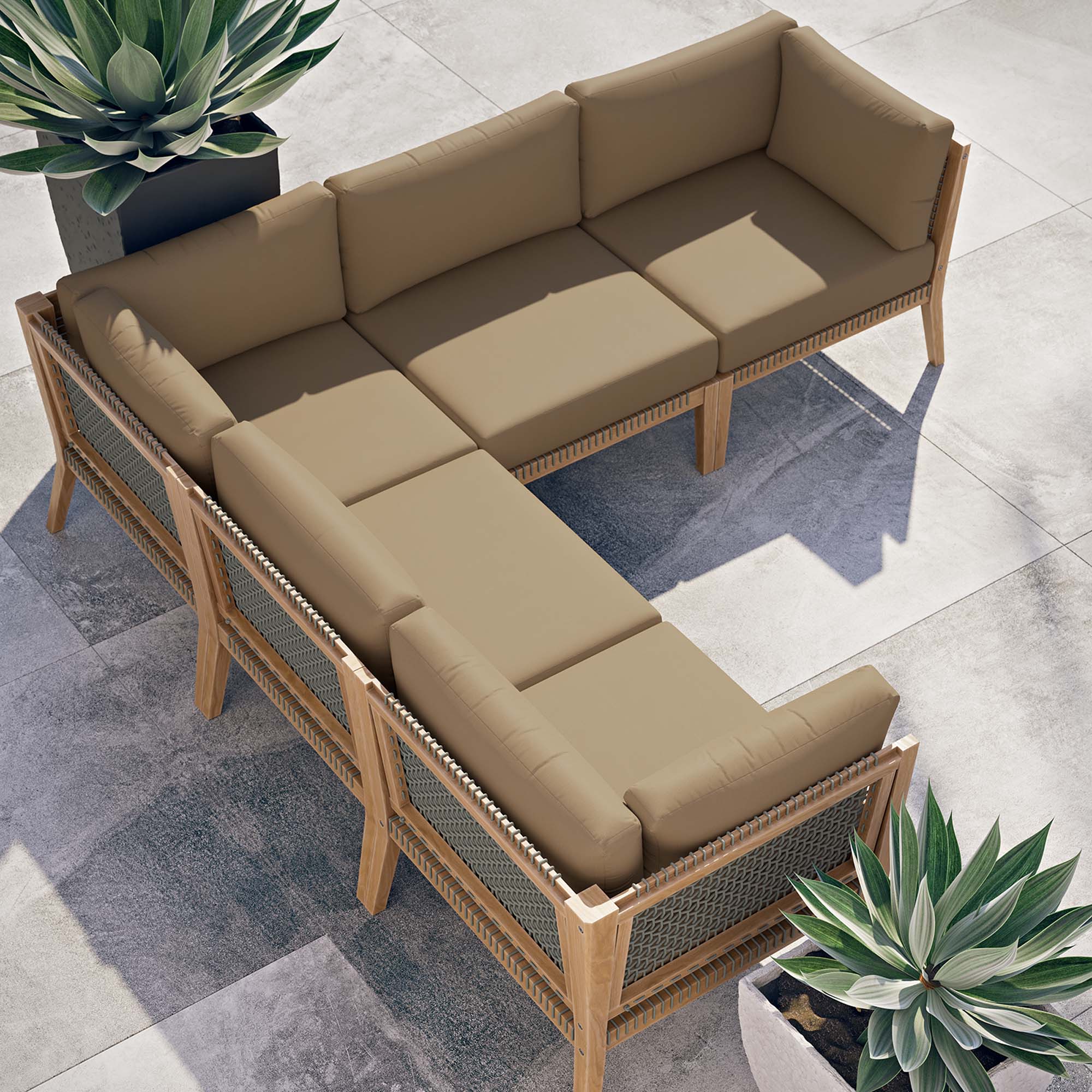 Modway Clearwater 5-Piece Outdoor Patio Teak Wood Sectional Sofa