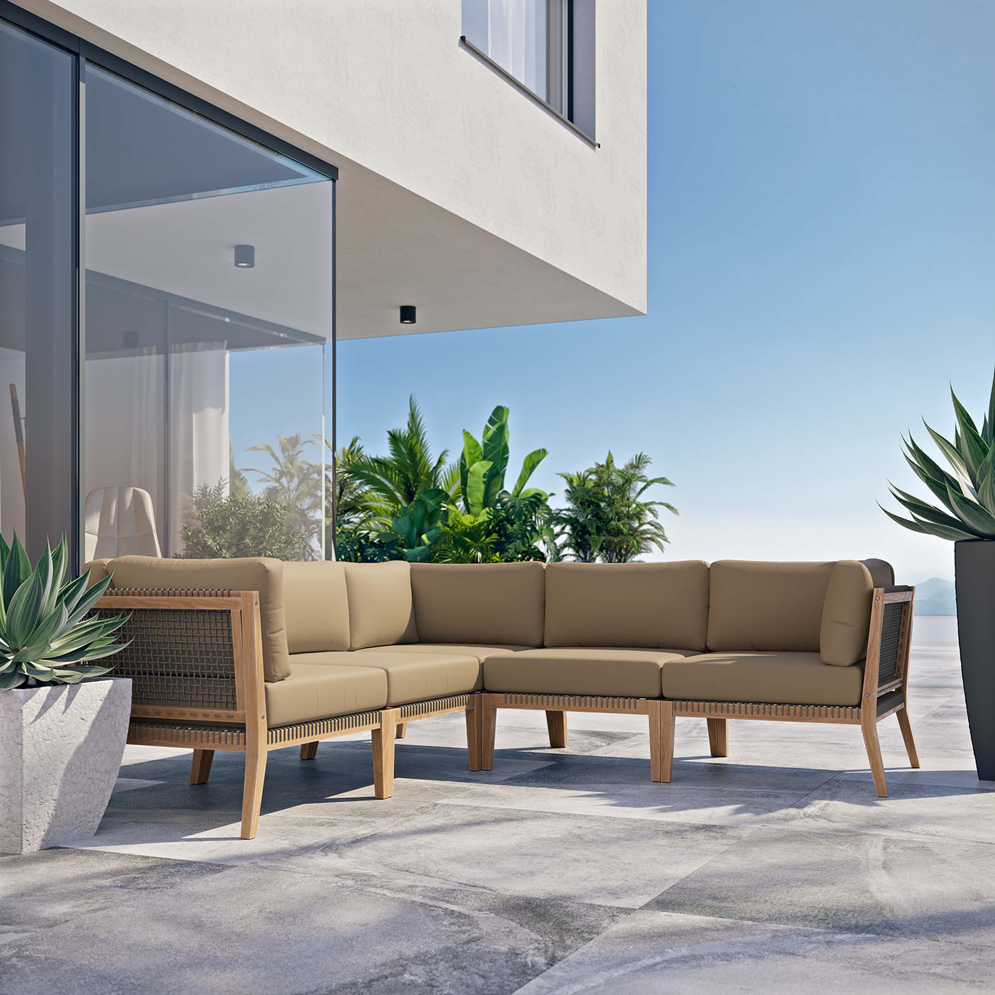 Modway Clearwater 5-Piece Outdoor Patio Teak Wood Sectional Sofa