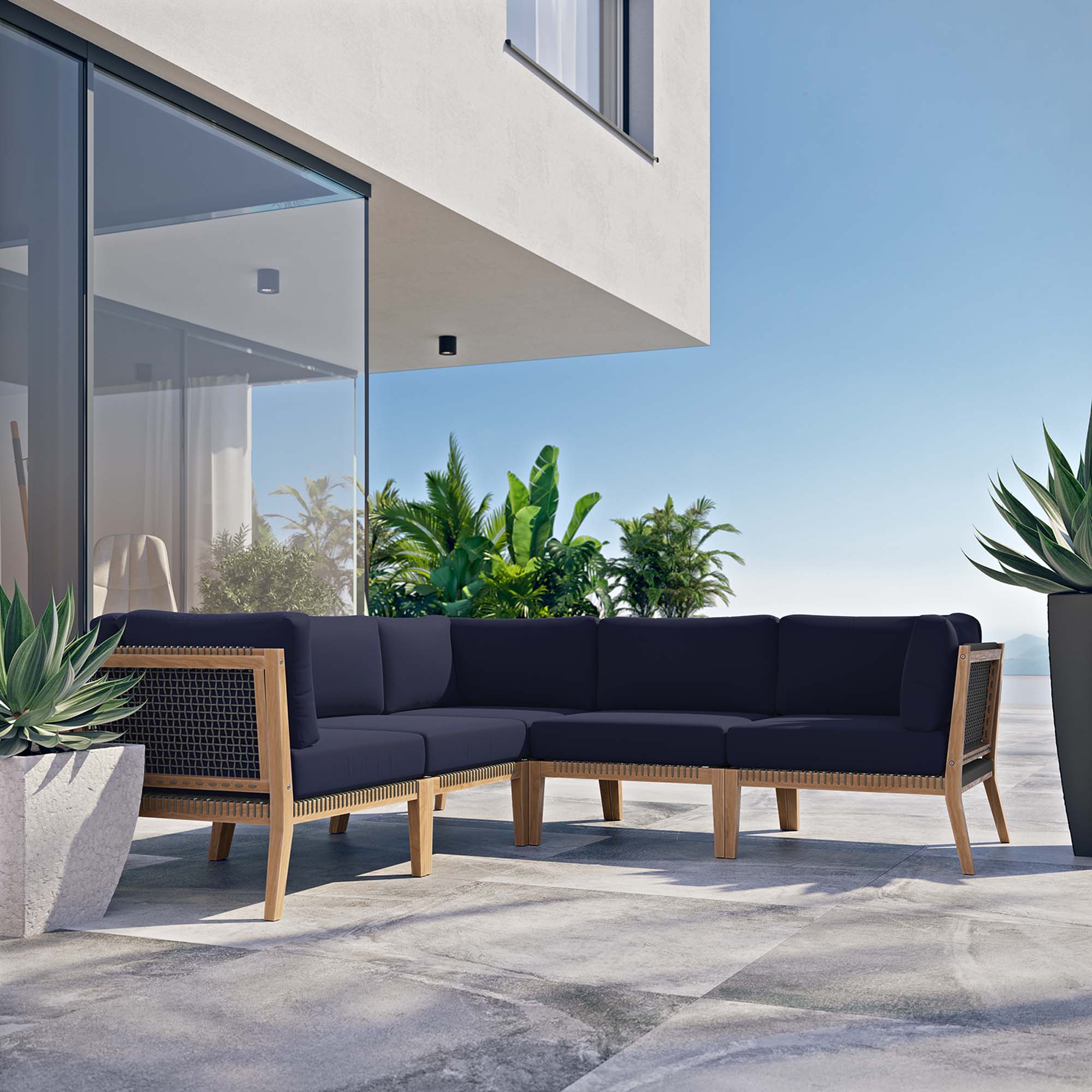 Modway Clearwater 5-Piece Outdoor Patio Teak Wood Sectional Sofa