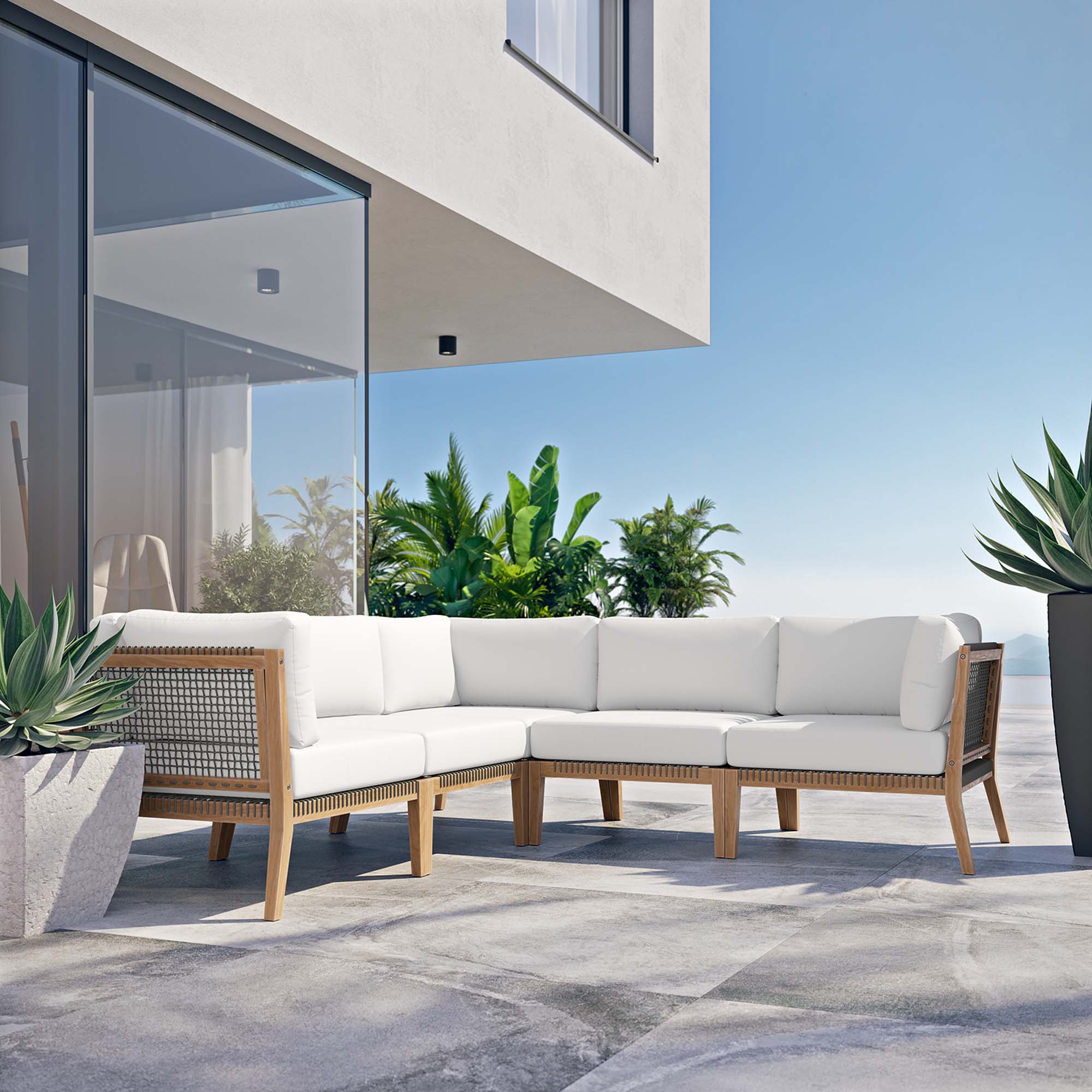 Modway Clearwater 5-Piece Outdoor Patio Teak Wood Sectional Sofa