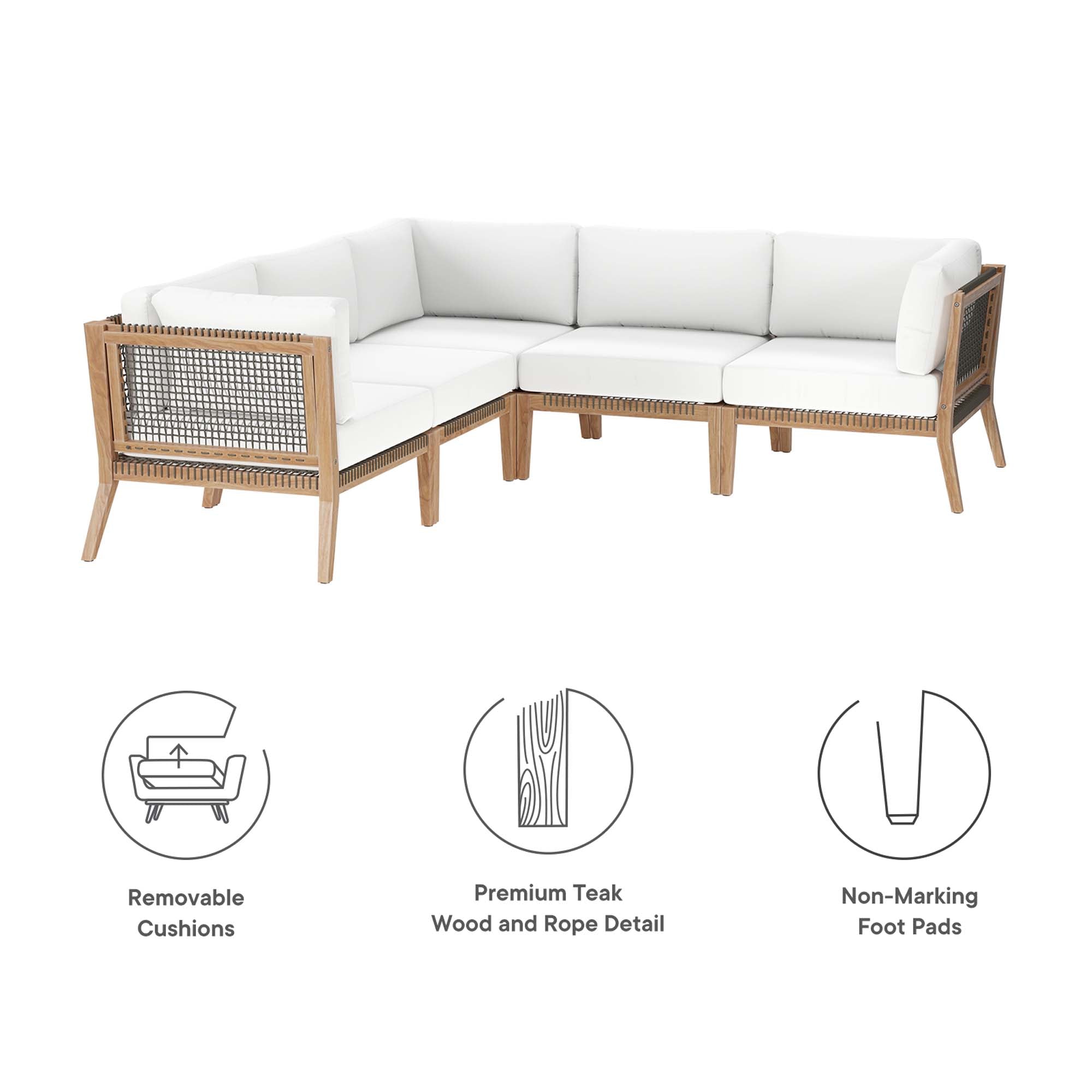 Modway Clearwater 5-Piece Outdoor Patio Teak Wood Sectional Sofa