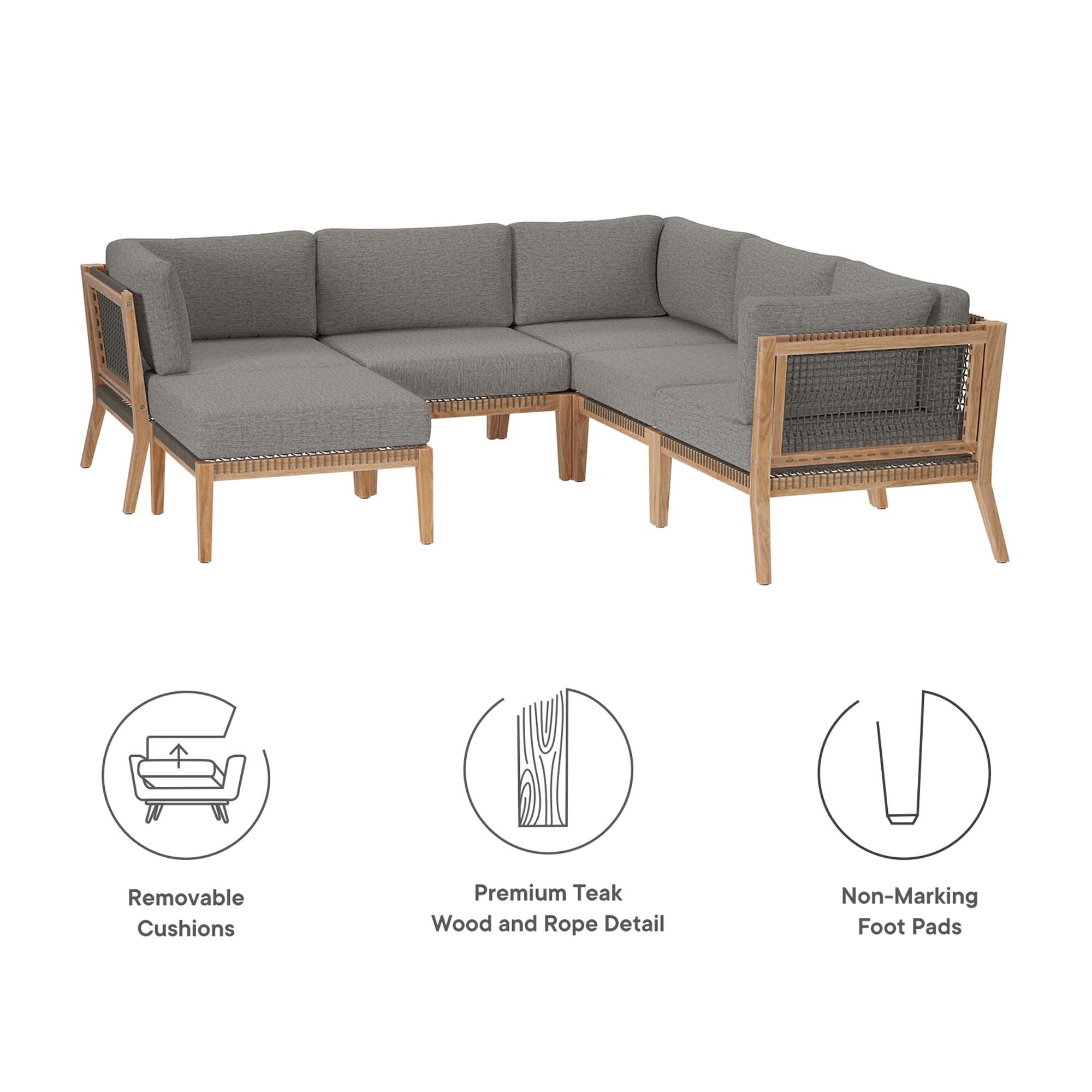 Modway Clearwater 6-Piece Outdoor Patio Teak Wood Sectional Sofa