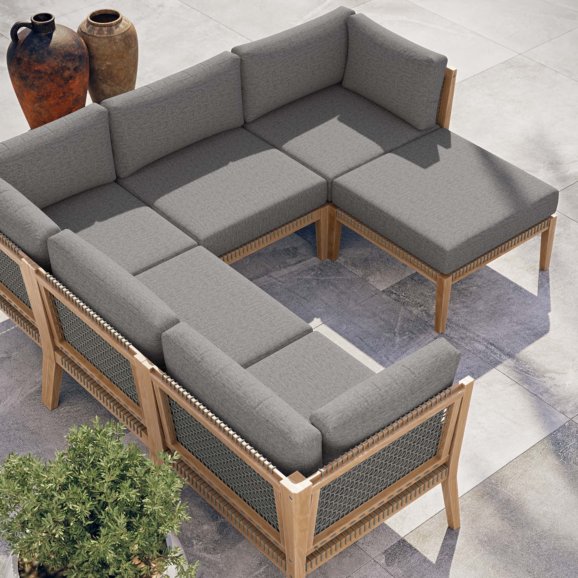 Modway Clearwater 6-Piece Outdoor Patio Teak Wood Sectional Sofa