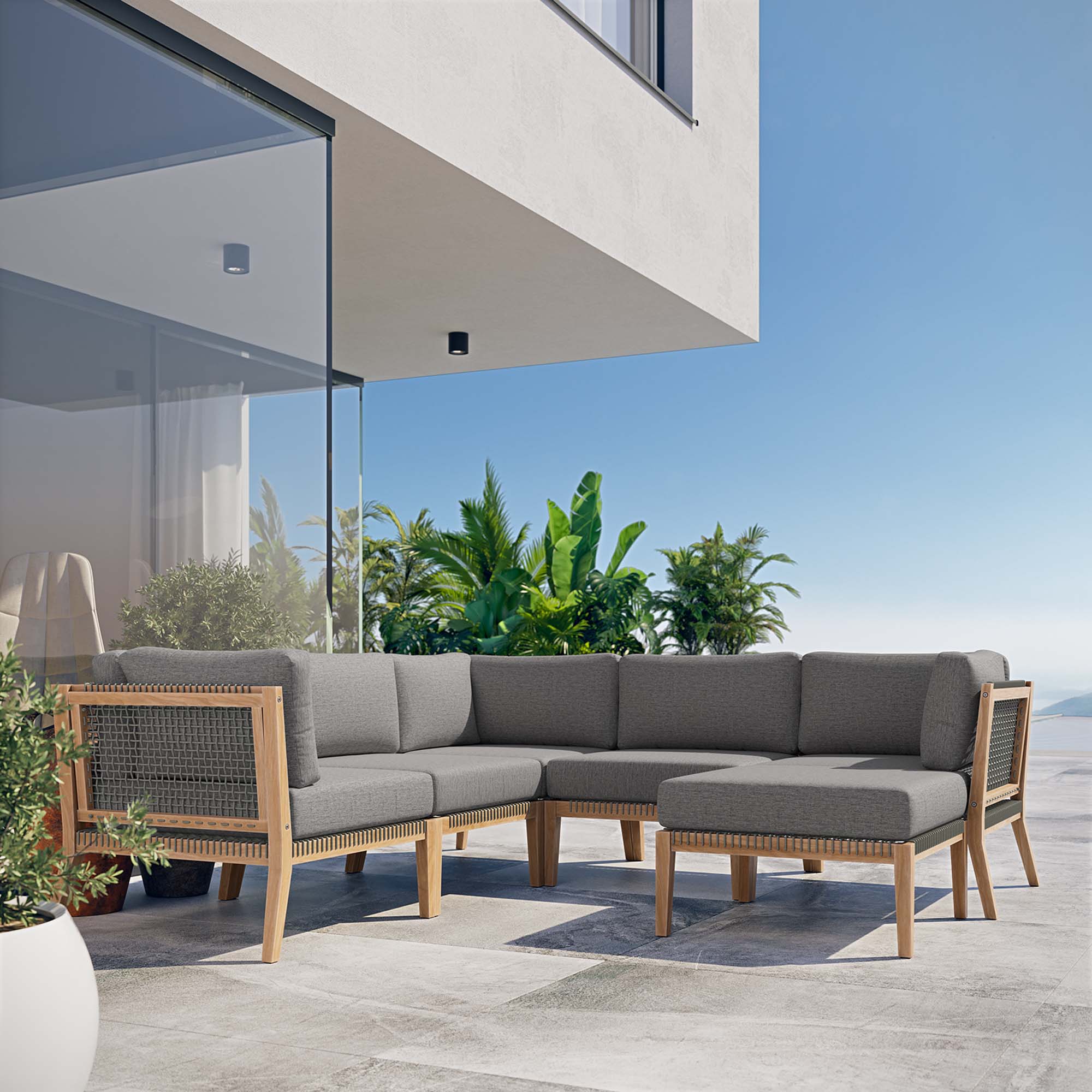 Modway Clearwater 6-Piece Outdoor Patio Teak Wood Sectional Sofa