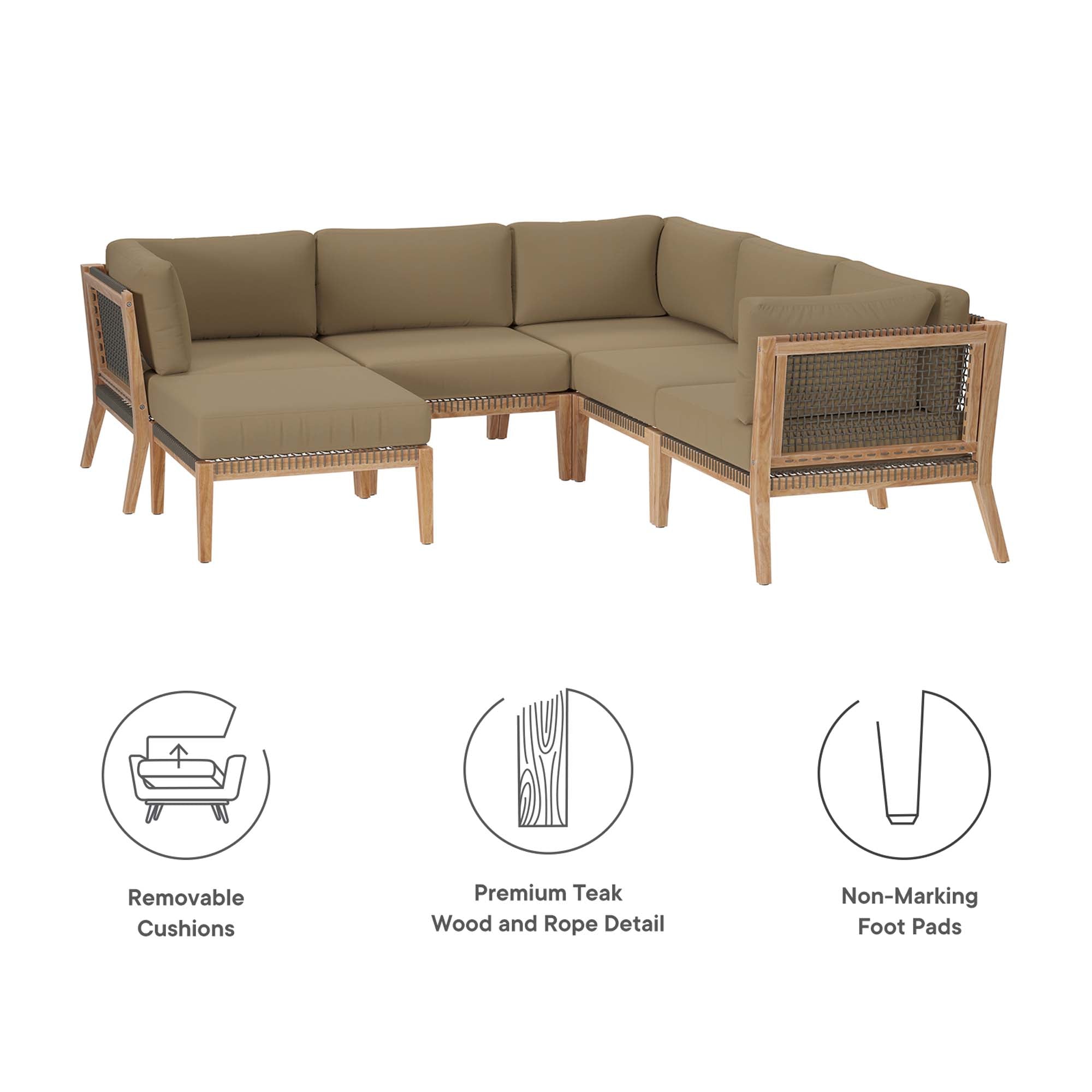 Modway Clearwater 6-Piece Outdoor Patio Teak Wood Sectional Sofa