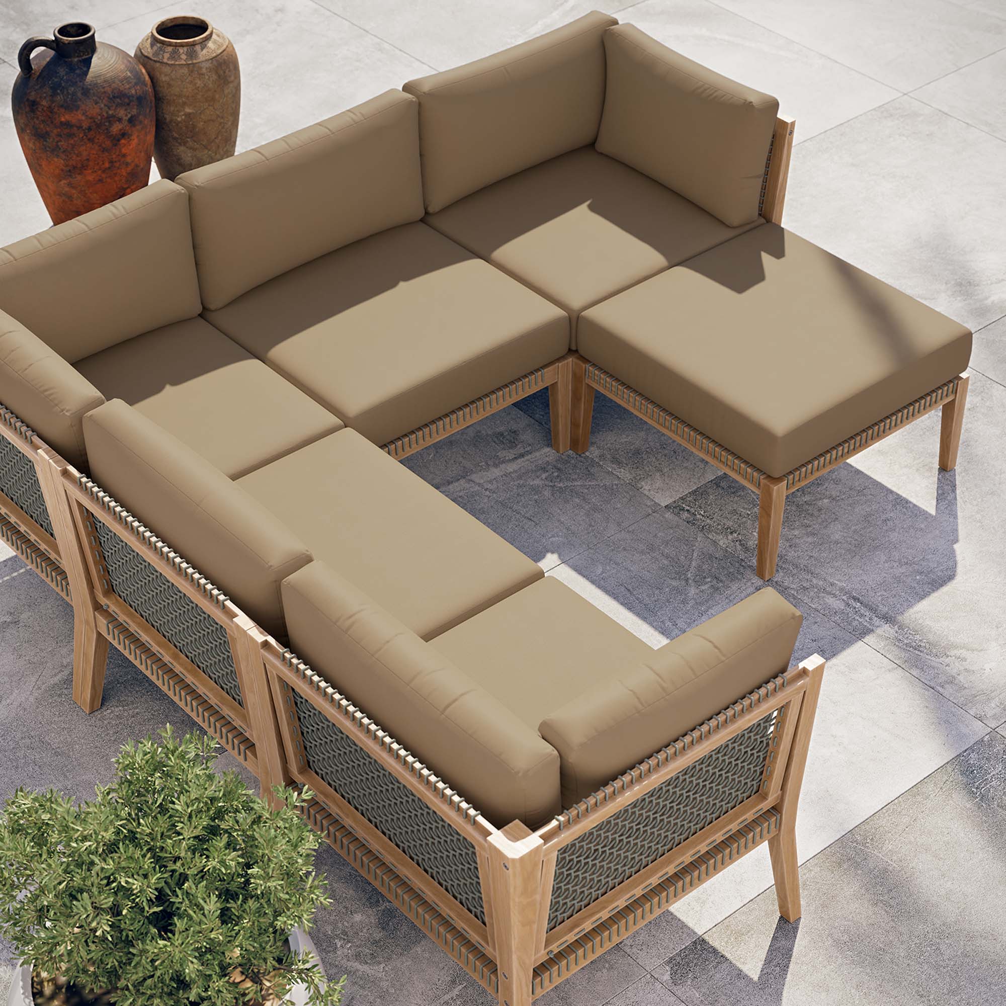 Modway Clearwater 6-Piece Outdoor Patio Teak Wood Sectional Sofa