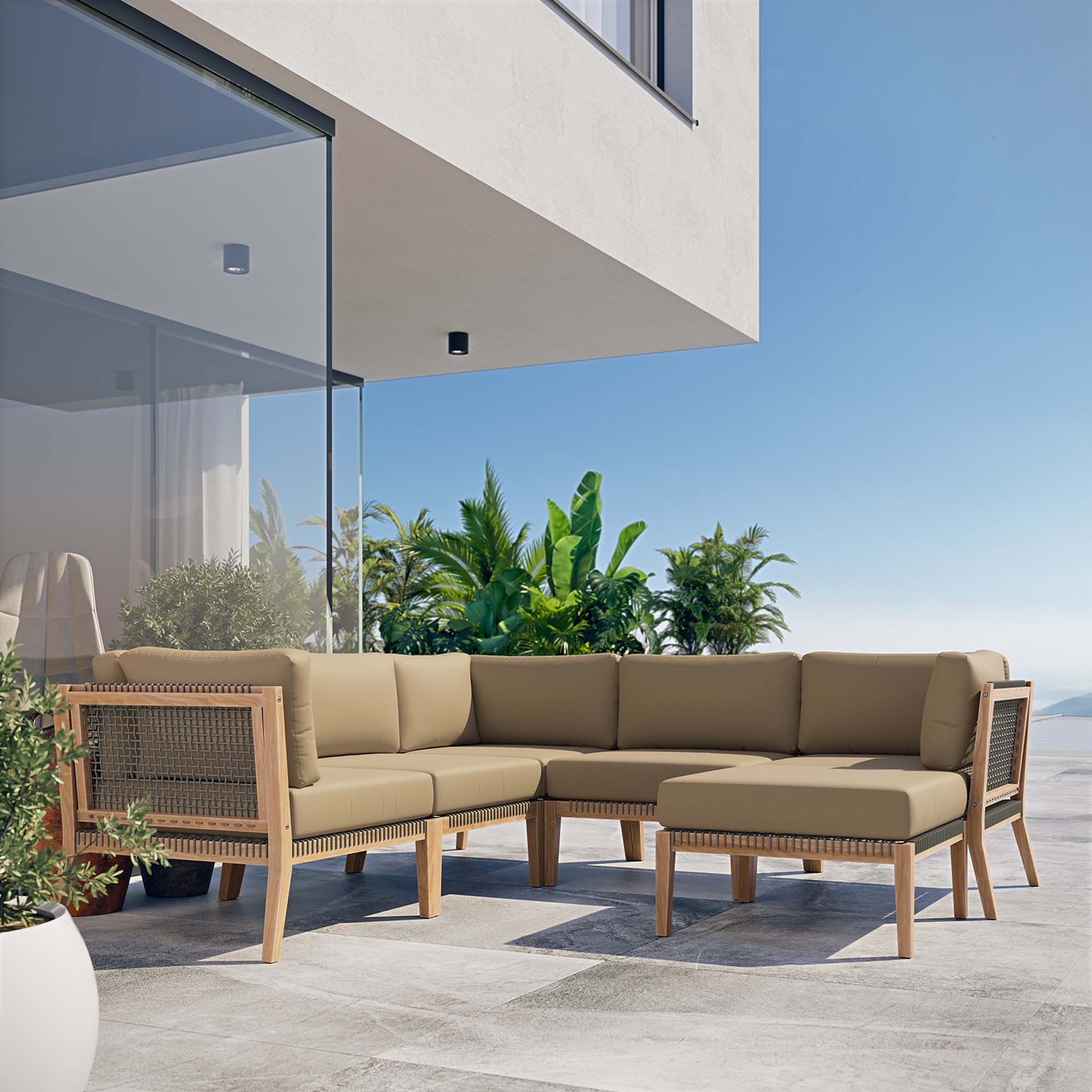 Modway Clearwater 6-Piece Outdoor Patio Teak Wood Sectional Sofa