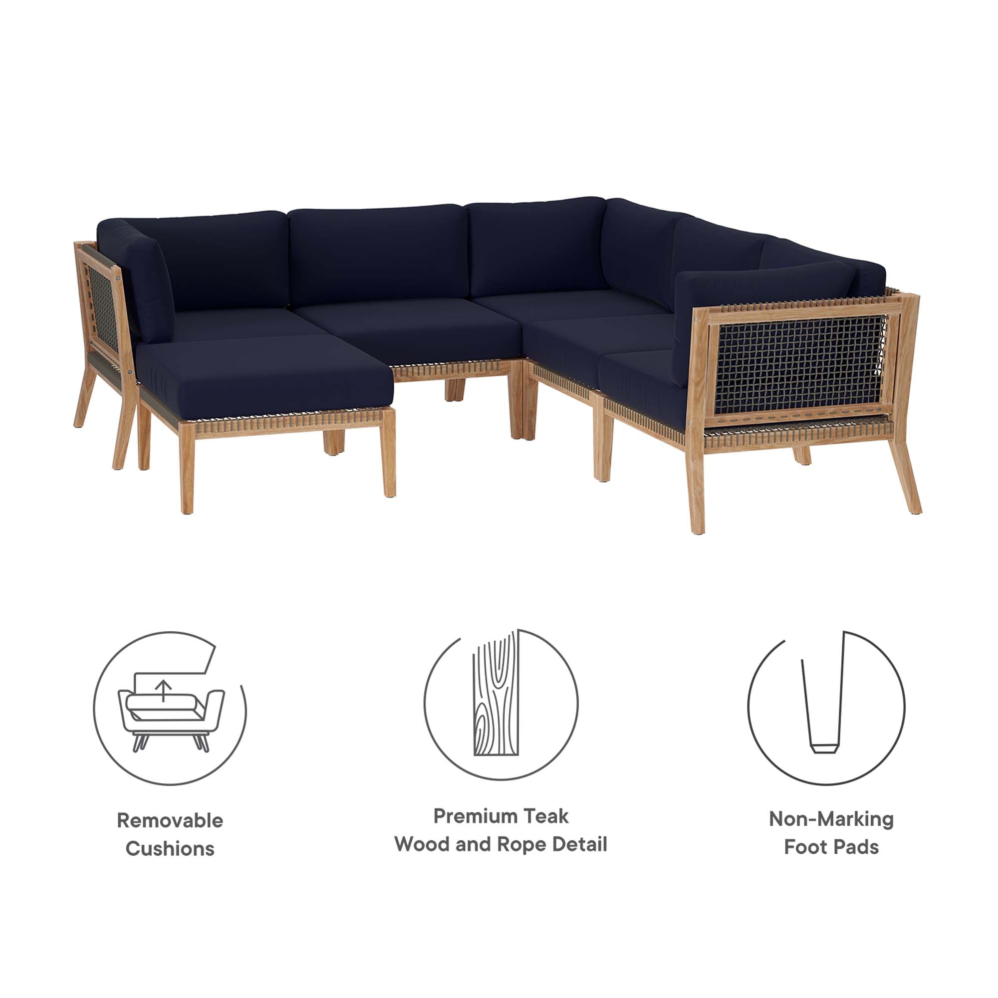 Modway Clearwater 6-Piece Outdoor Patio Teak Wood Sectional Sofa