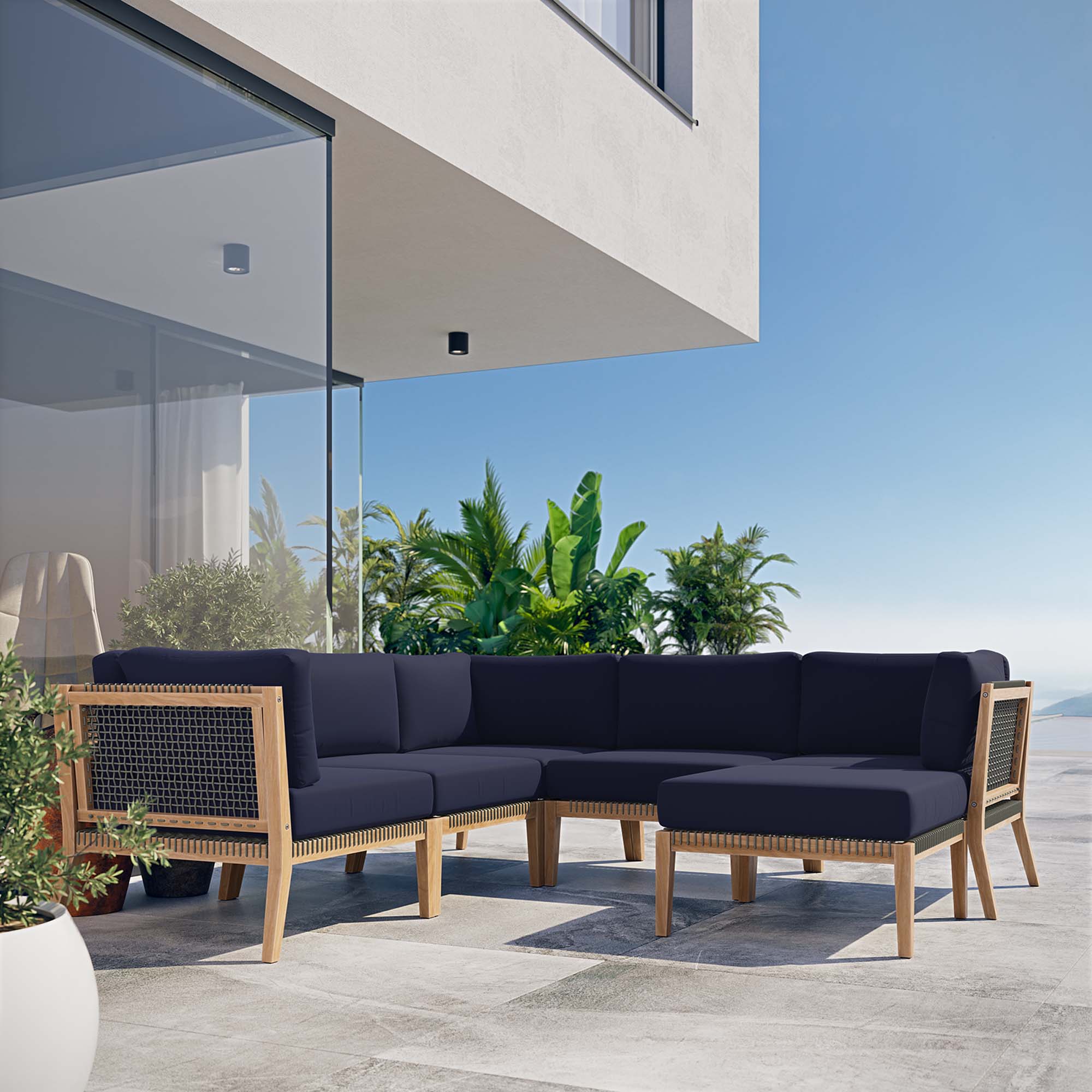 Modway Clearwater 6-Piece Outdoor Patio Teak Wood Sectional Sofa
