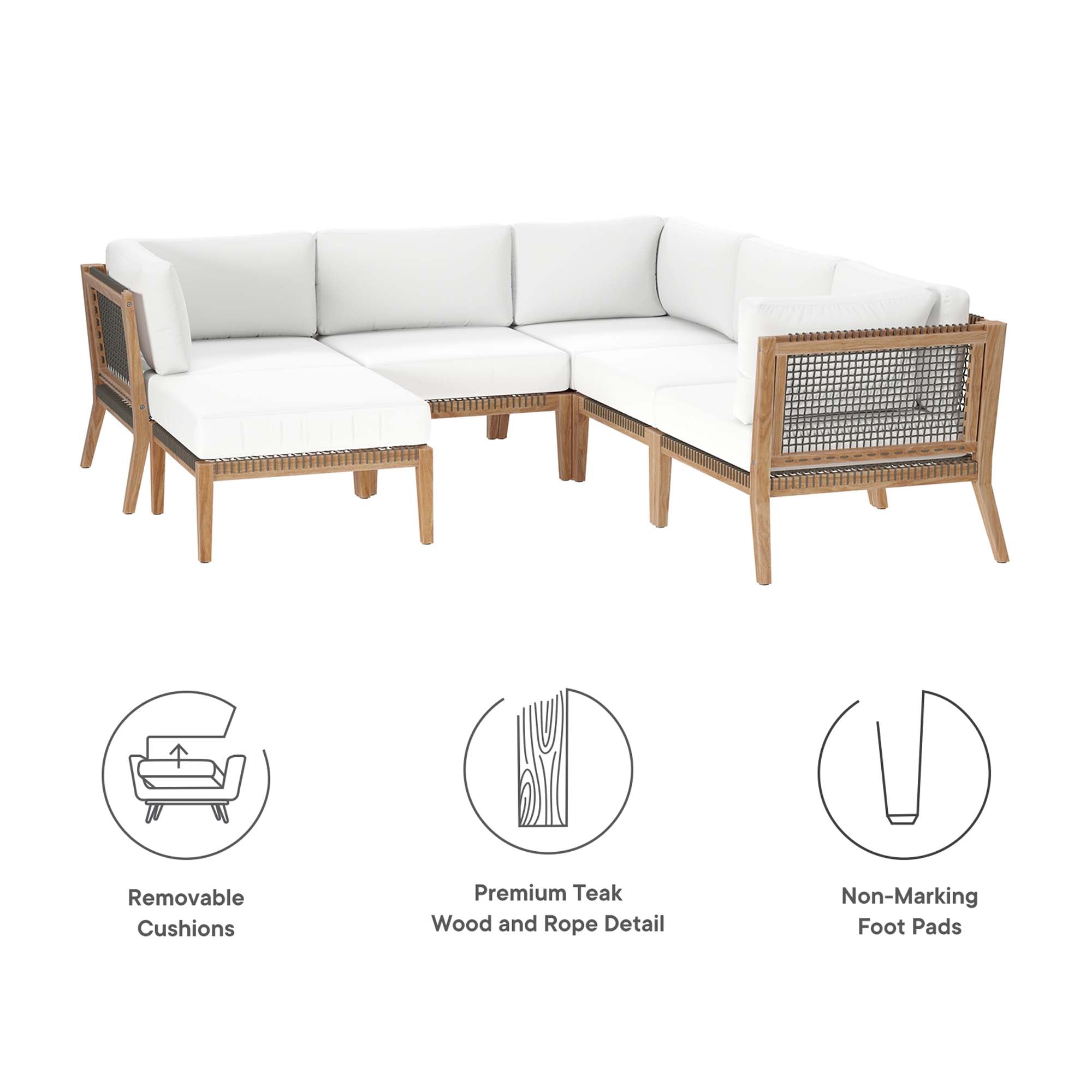 Modway Clearwater 6-Piece Outdoor Patio Teak Wood Sectional Sofa