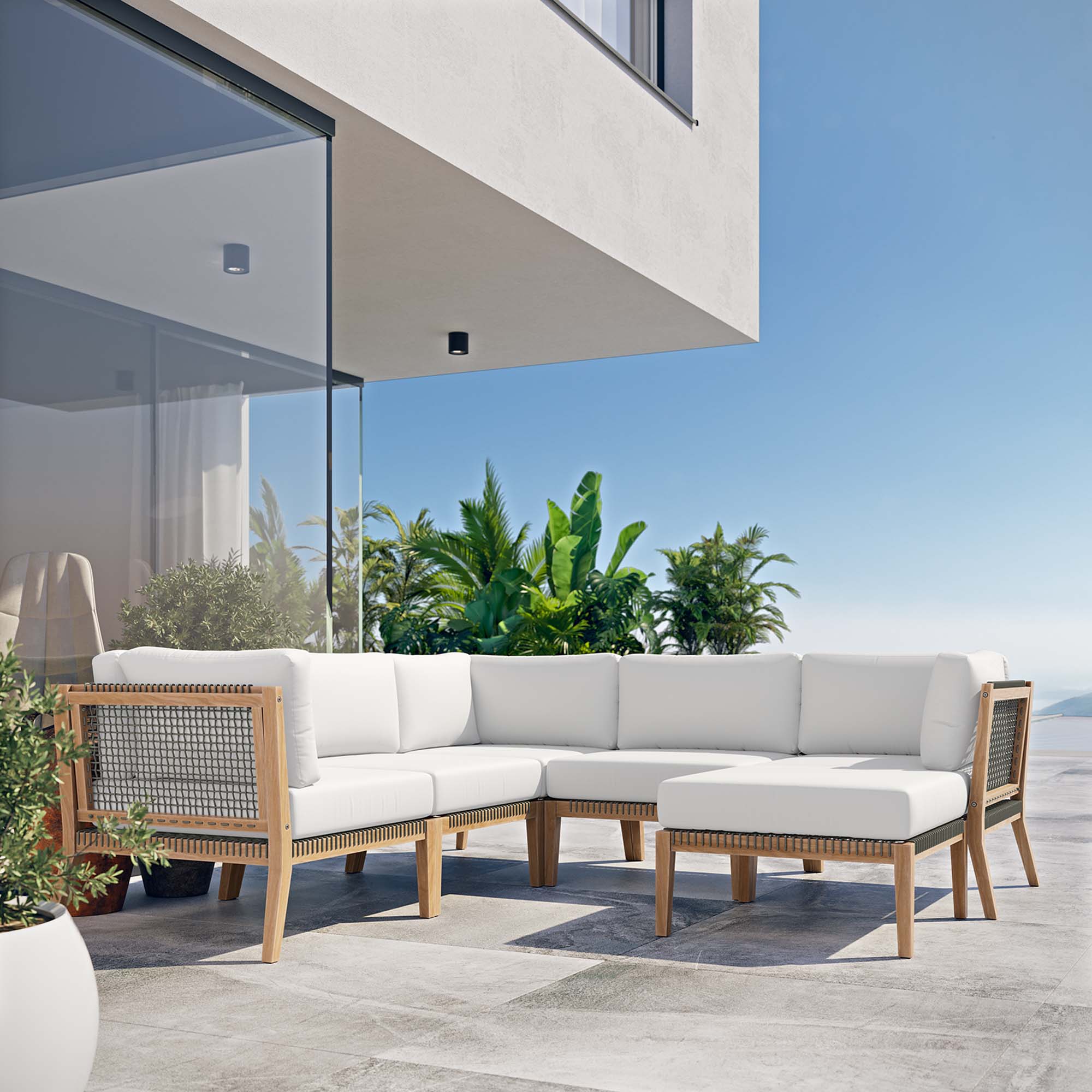 Modway Clearwater 6-Piece Outdoor Patio Teak Wood Sectional Sofa