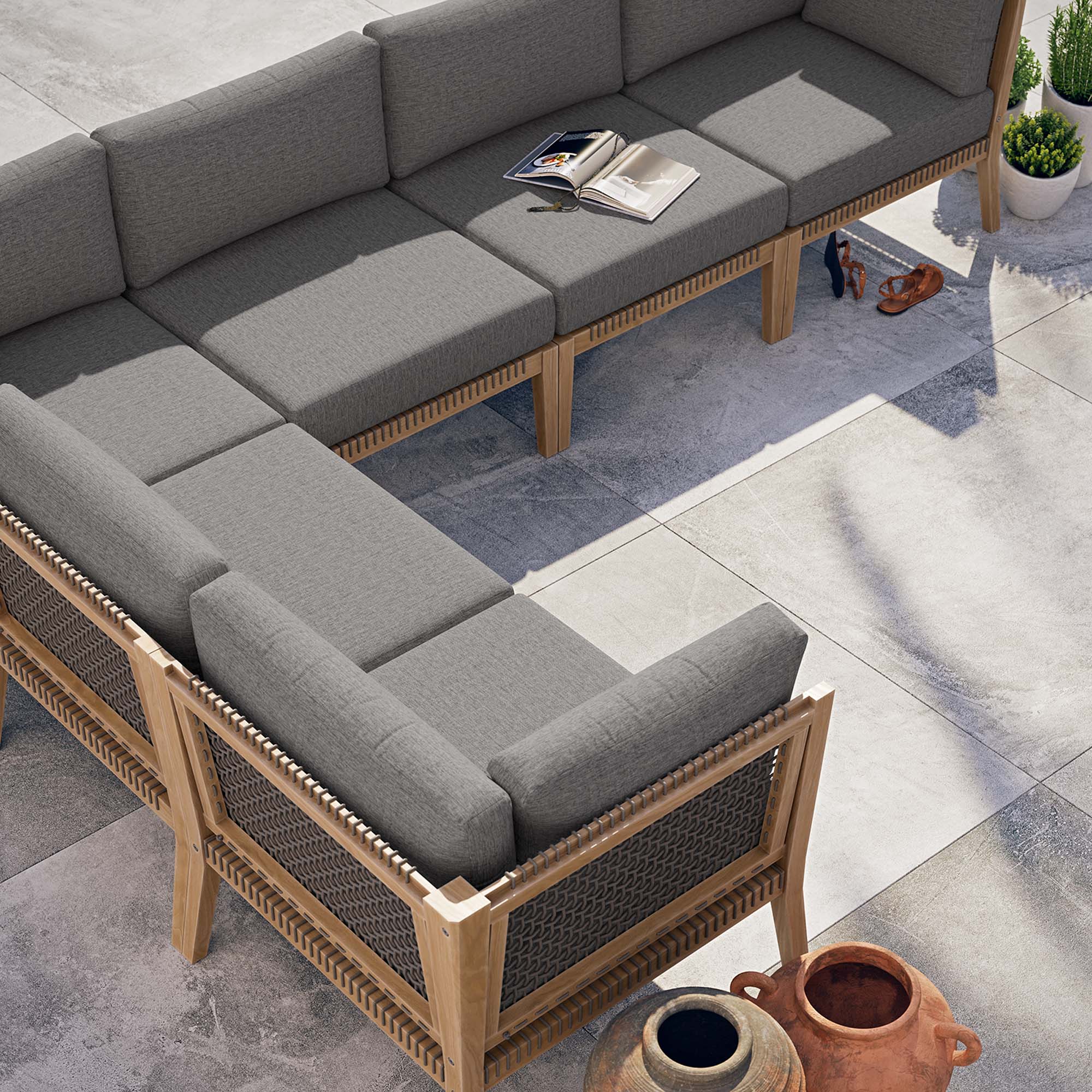 Modway Clearwater 6-Piece Outdoor Patio Teak Wood Sectional Sofa