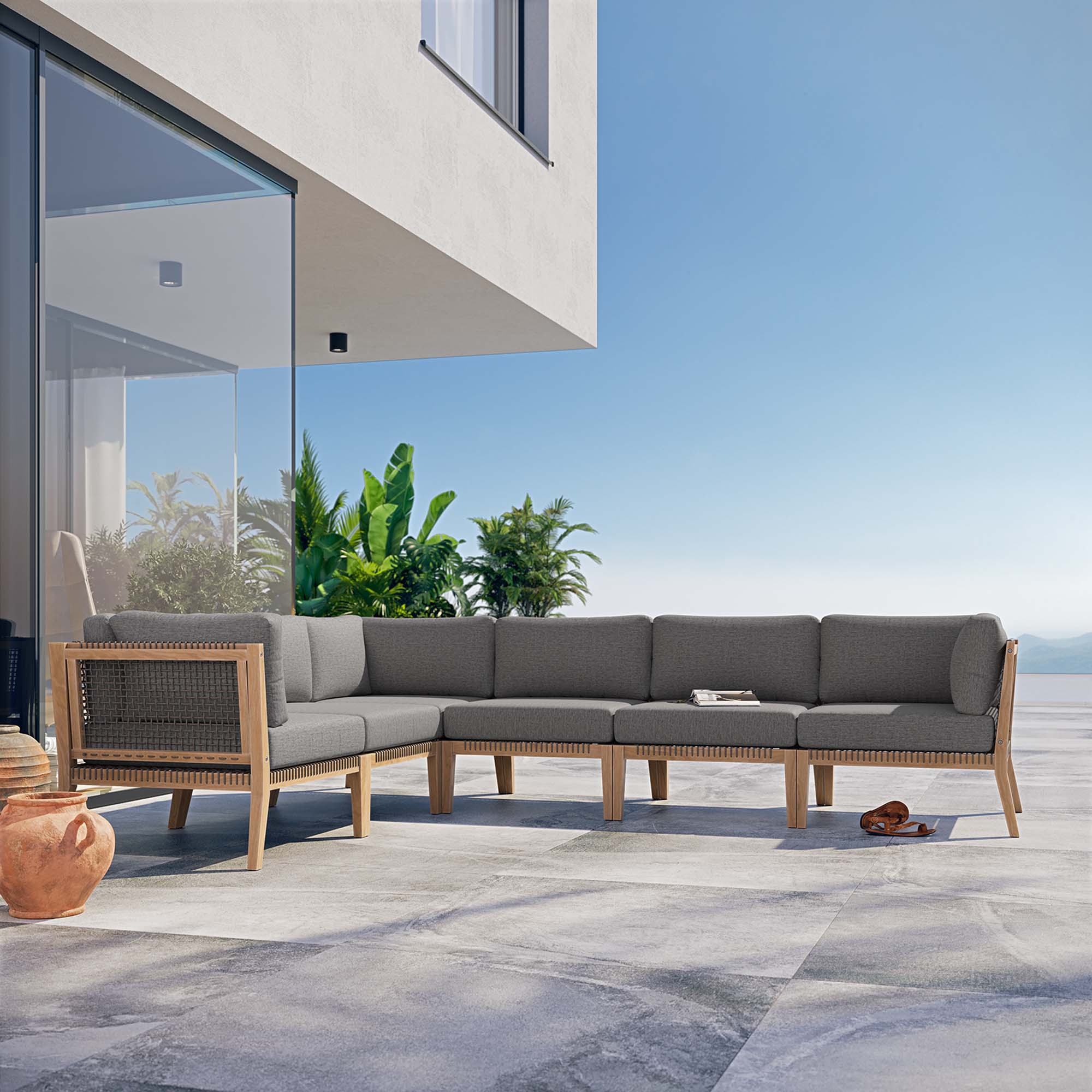 Modway Clearwater 6-Piece Outdoor Patio Teak Wood Sectional Sofa
