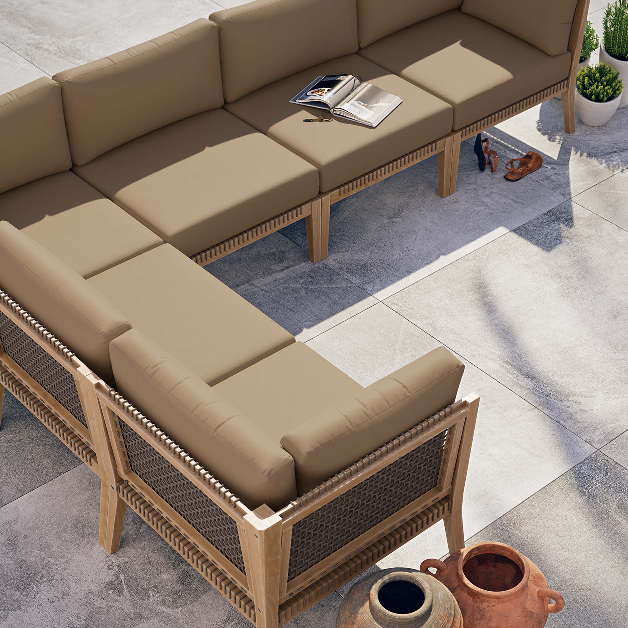 Modway Clearwater 6-Piece Outdoor Patio Teak Wood Sectional Sofa