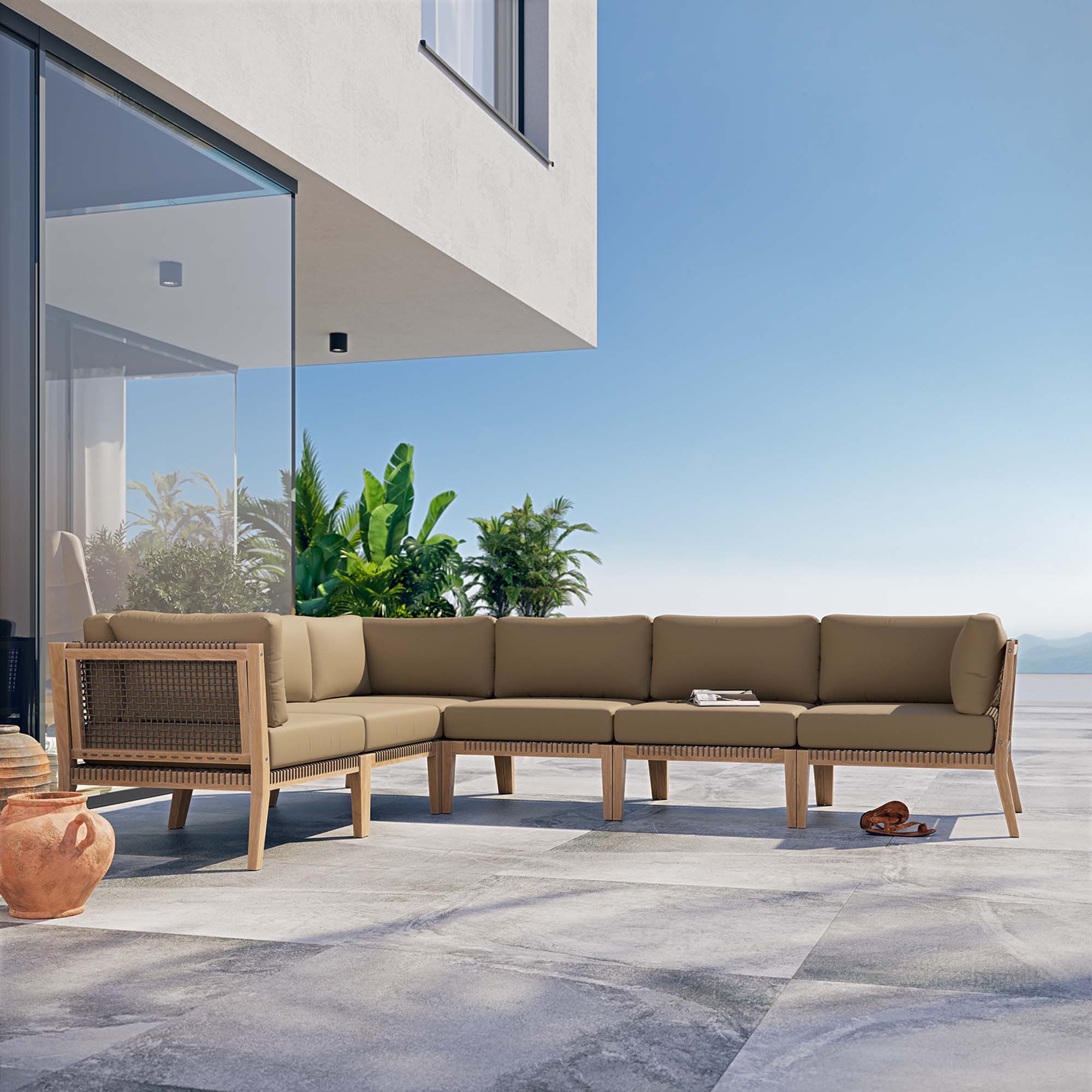 Modway Clearwater 6-Piece Outdoor Patio Teak Wood Sectional Sofa