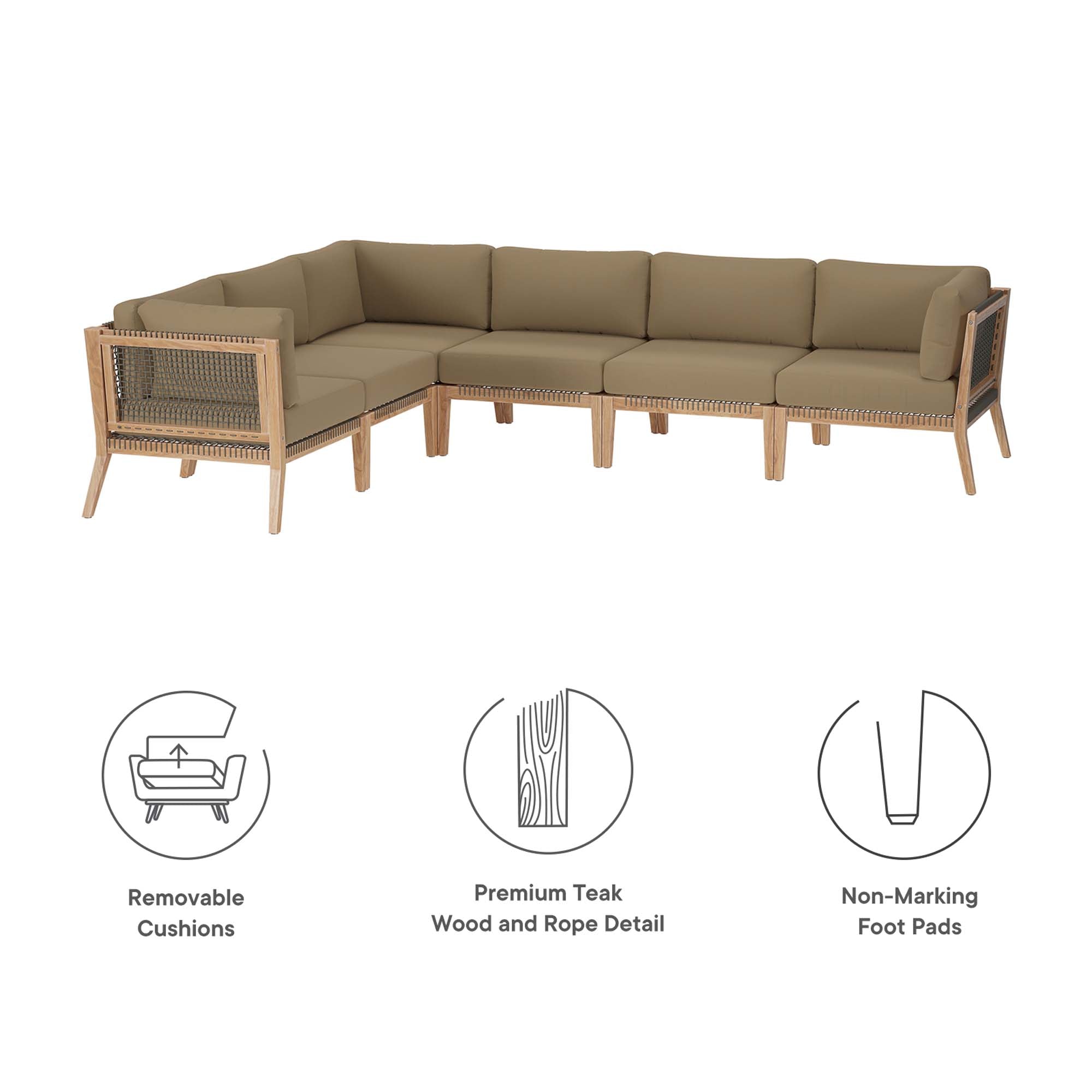 Modway Clearwater 6-Piece Outdoor Patio Teak Wood Sectional Sofa