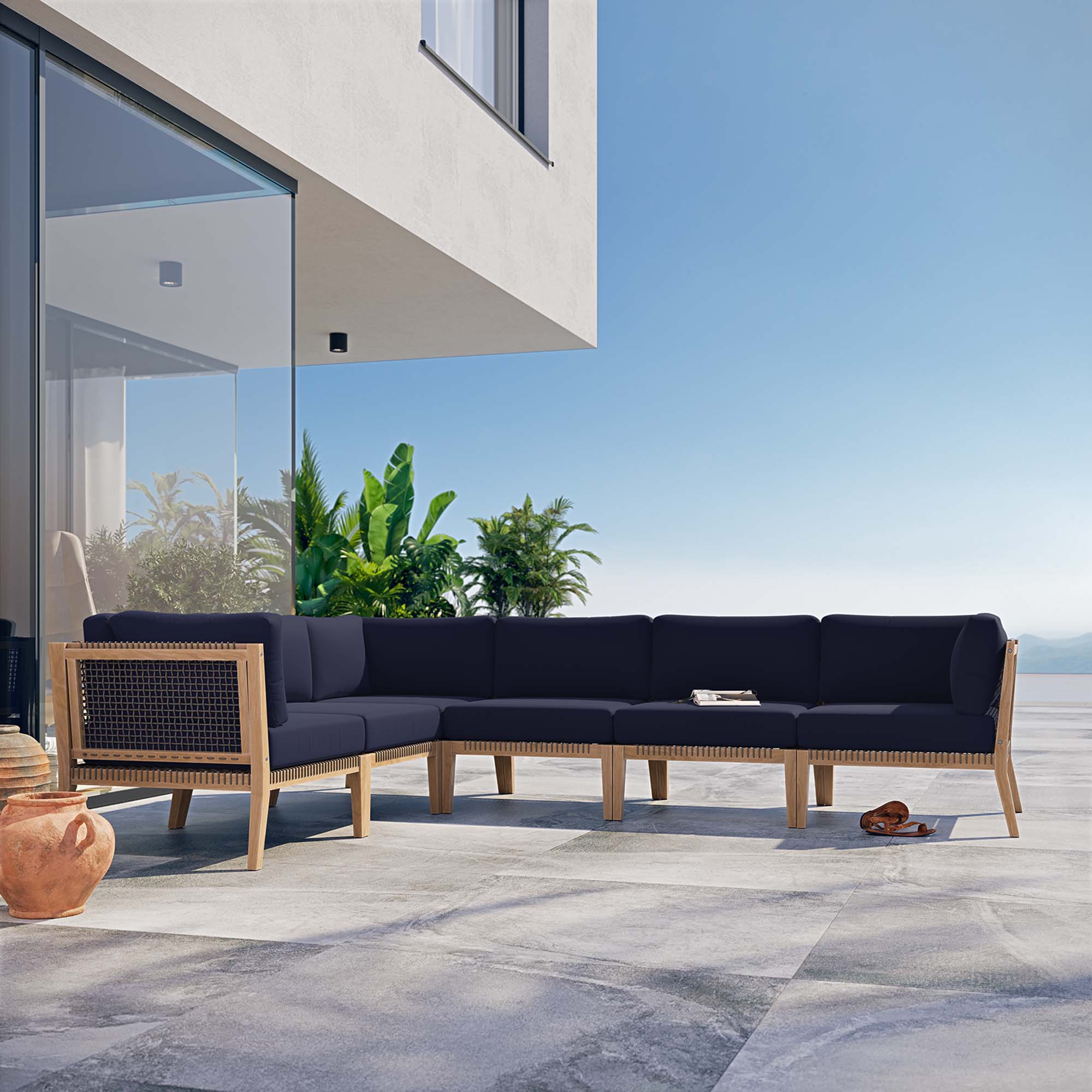 Modway Clearwater 6-Piece Outdoor Patio Teak Wood Sectional Sofa