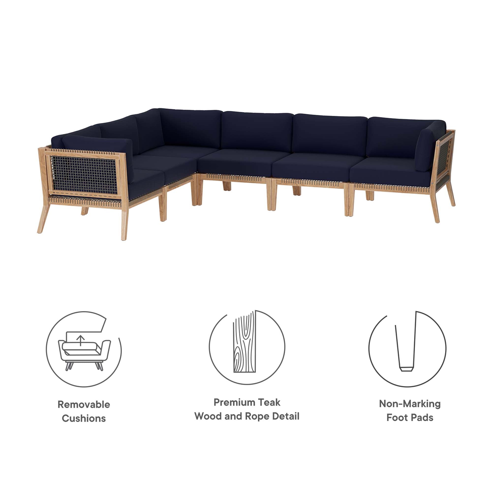 Modway Clearwater 6-Piece Outdoor Patio Teak Wood Sectional Sofa