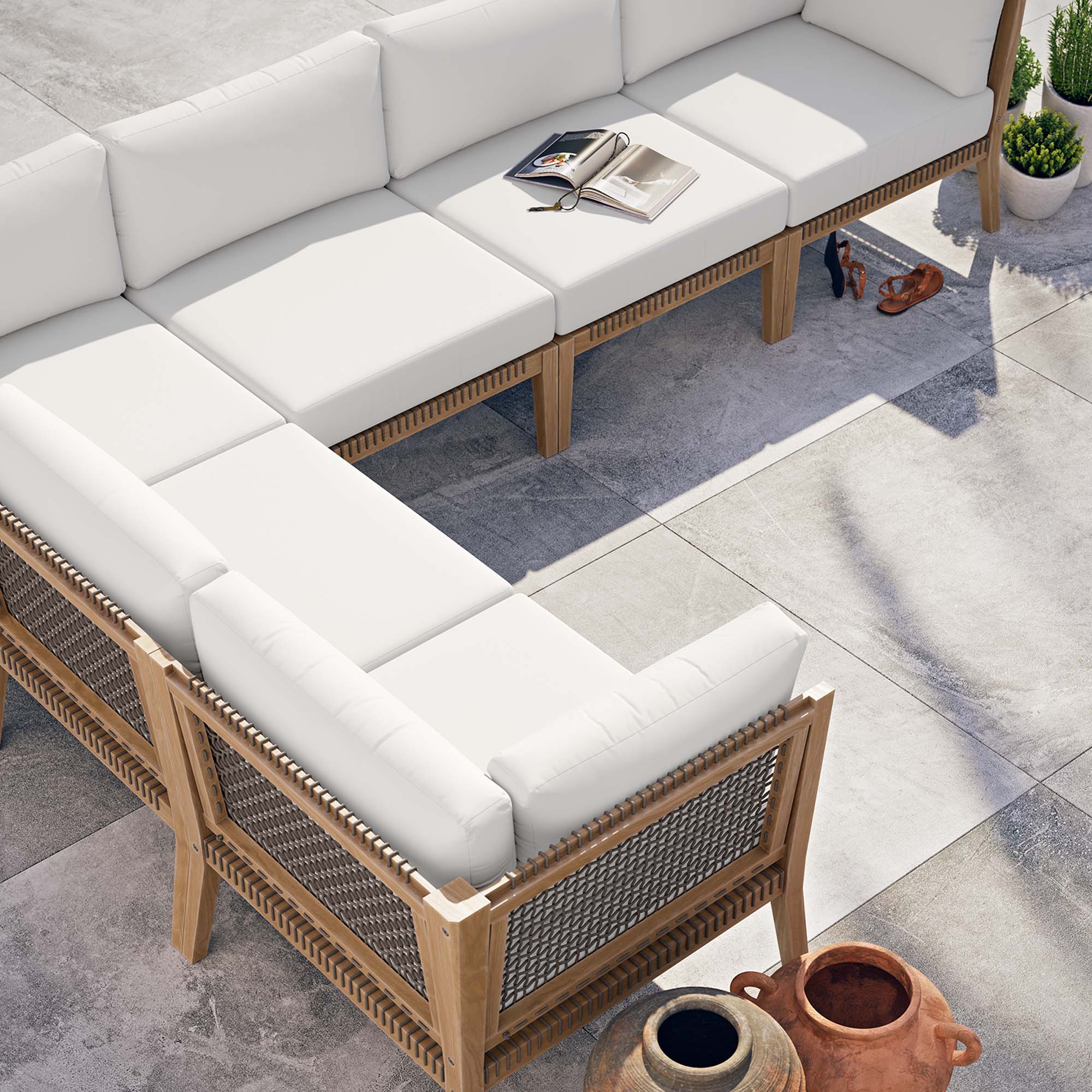 Modway Clearwater 6-Piece Outdoor Patio Teak Wood Sectional Sofa