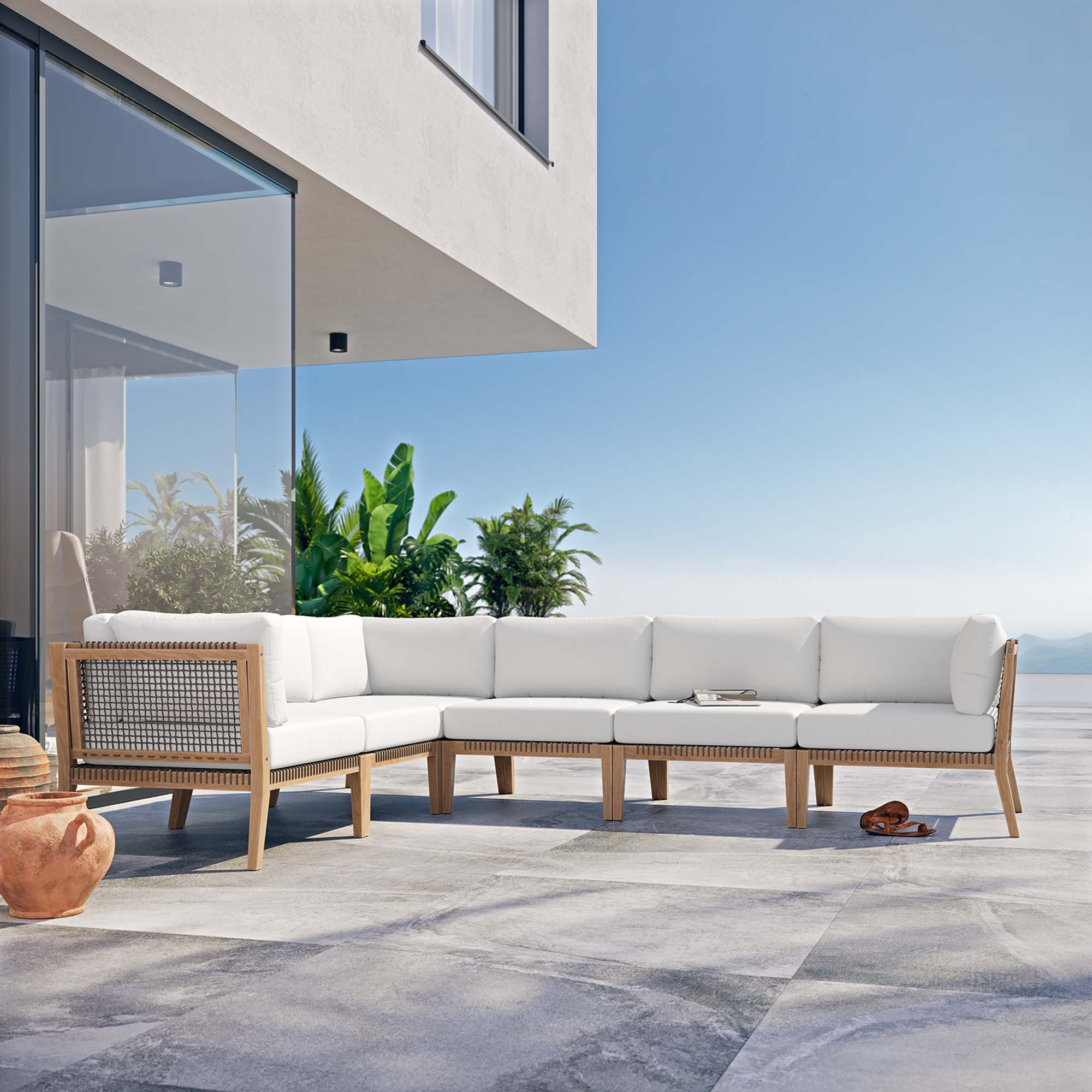 Modway Clearwater 6-Piece Outdoor Patio Teak Wood Sectional Sofa