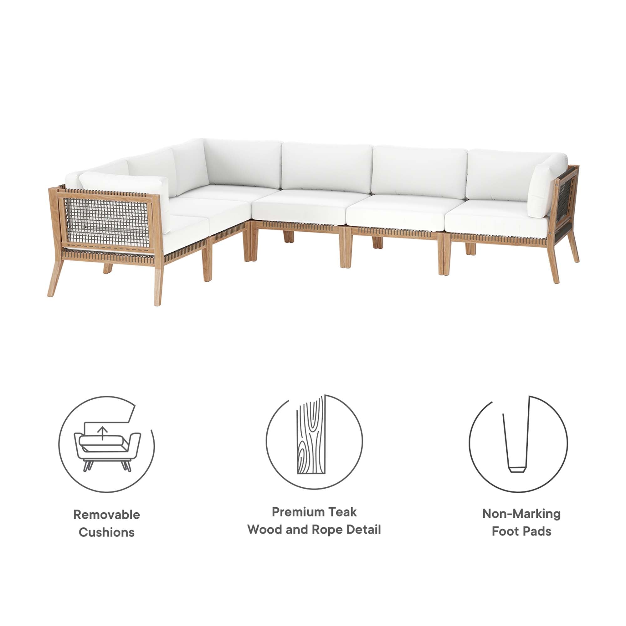 Modway Clearwater 6-Piece Outdoor Patio Teak Wood Sectional Sofa