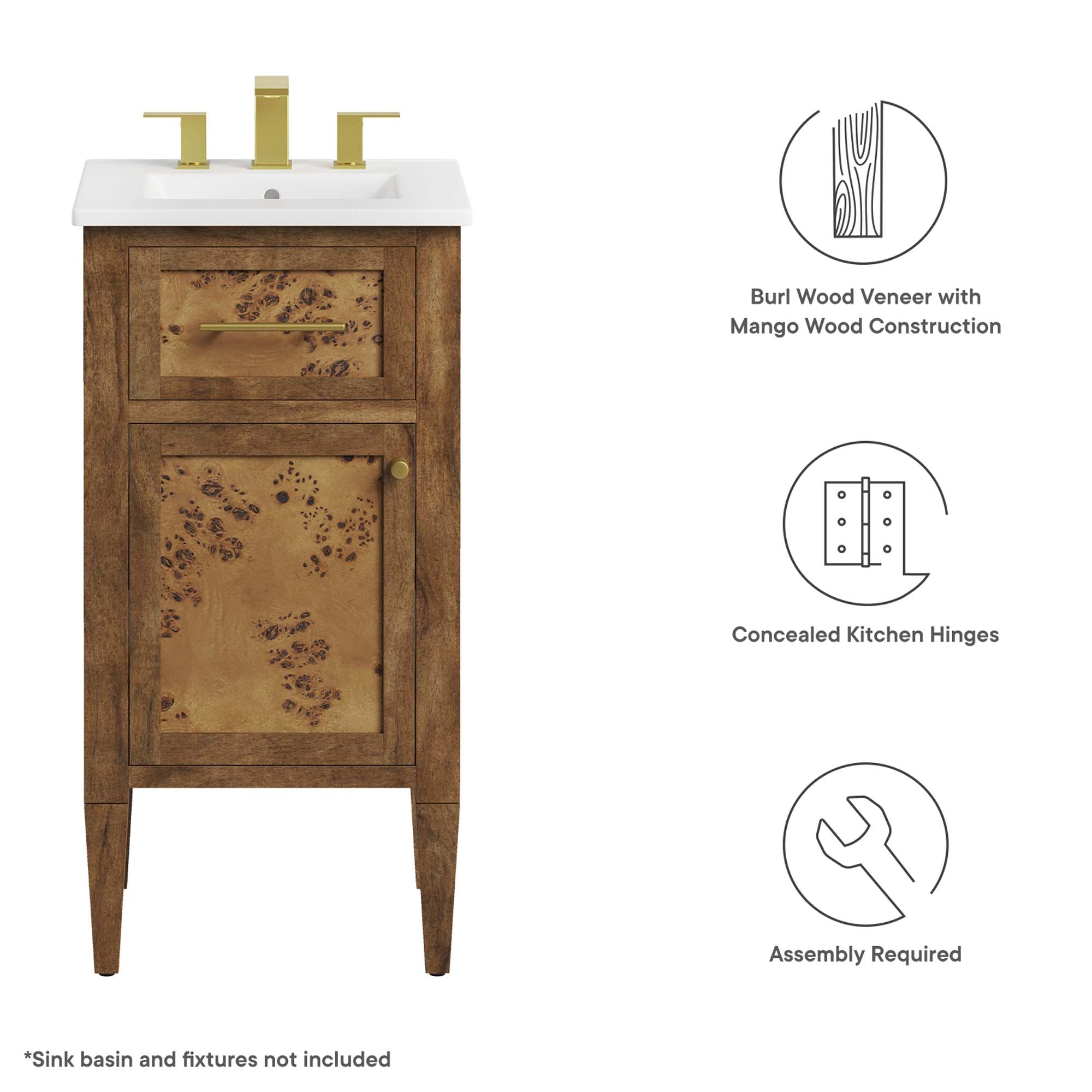 Modway Elysian 18" Wood Bathroom Vanity Cabinet (Sink Basin Not Included)
