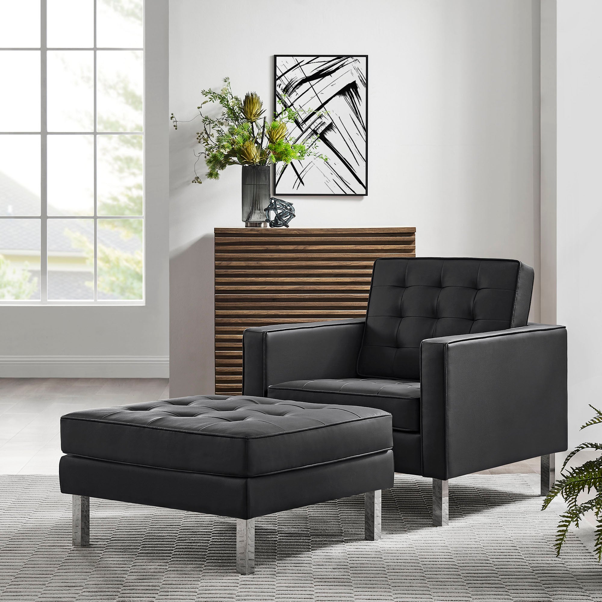 Modway Loft Tufted Vegan Leather Armchair and Ottoman Set