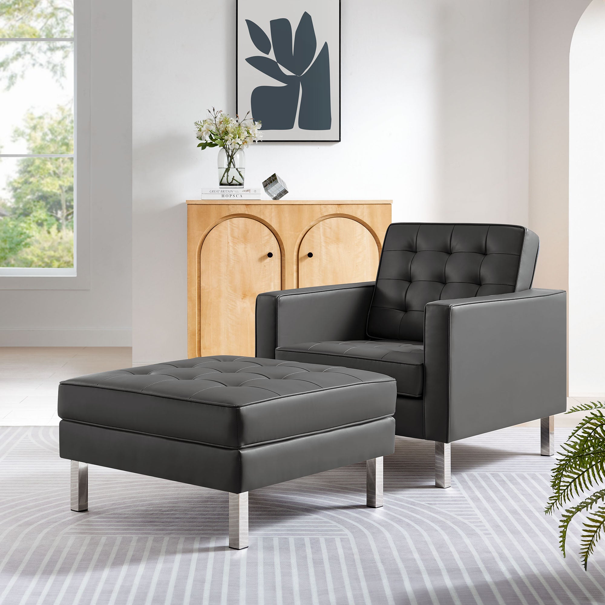 Modway Loft Tufted Vegan Leather Armchair and Ottoman Set