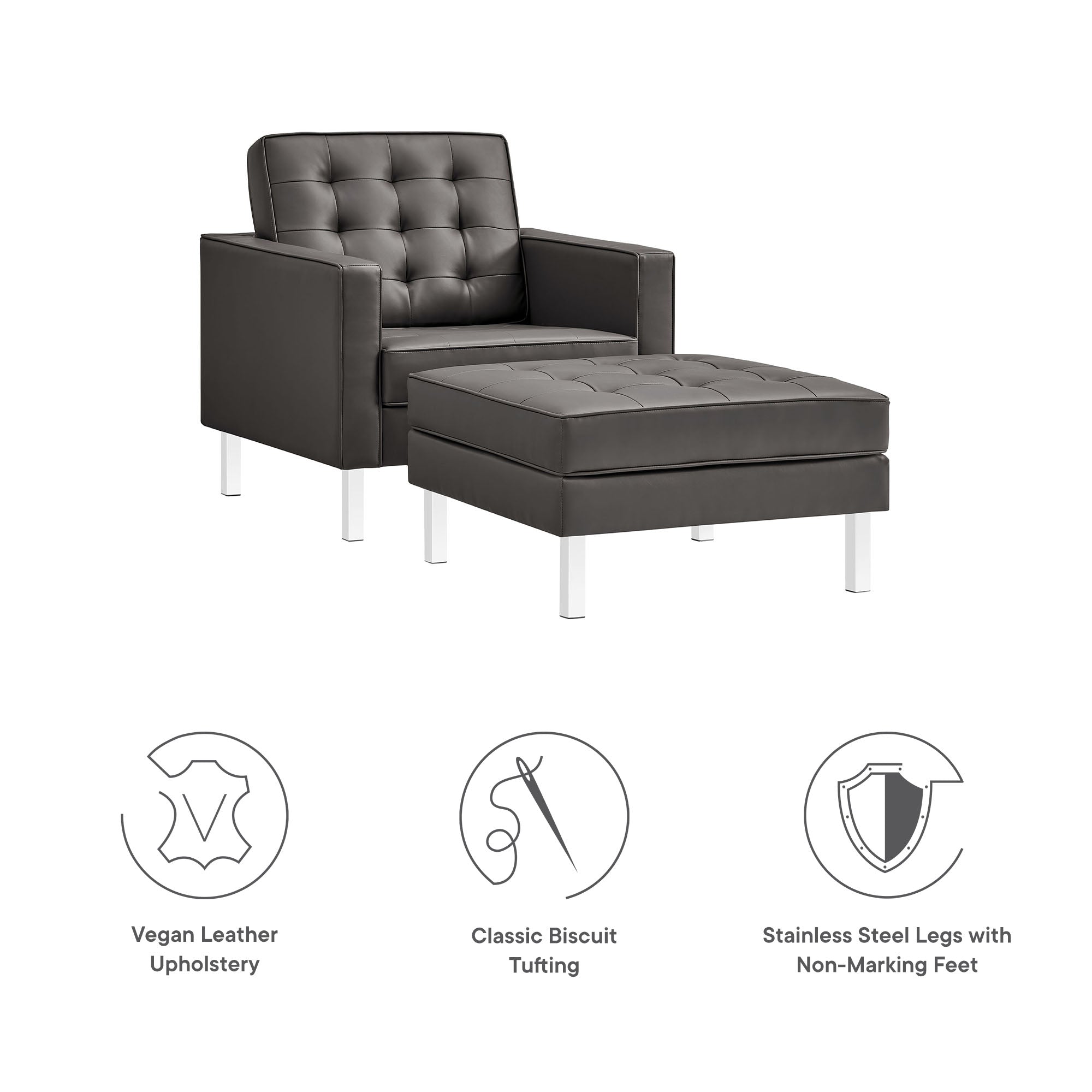 Modway Loft Tufted Vegan Leather Armchair and Ottoman Set