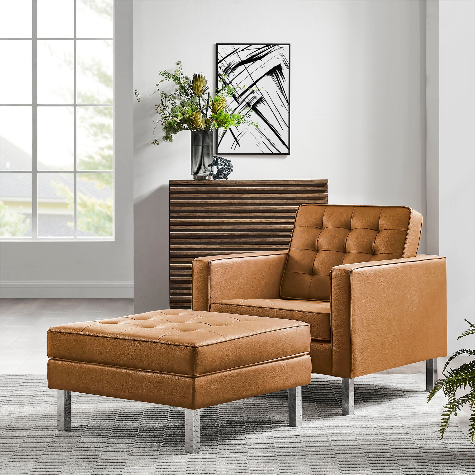 Modway Loft Tufted Vegan Leather Armchair and Ottoman Set