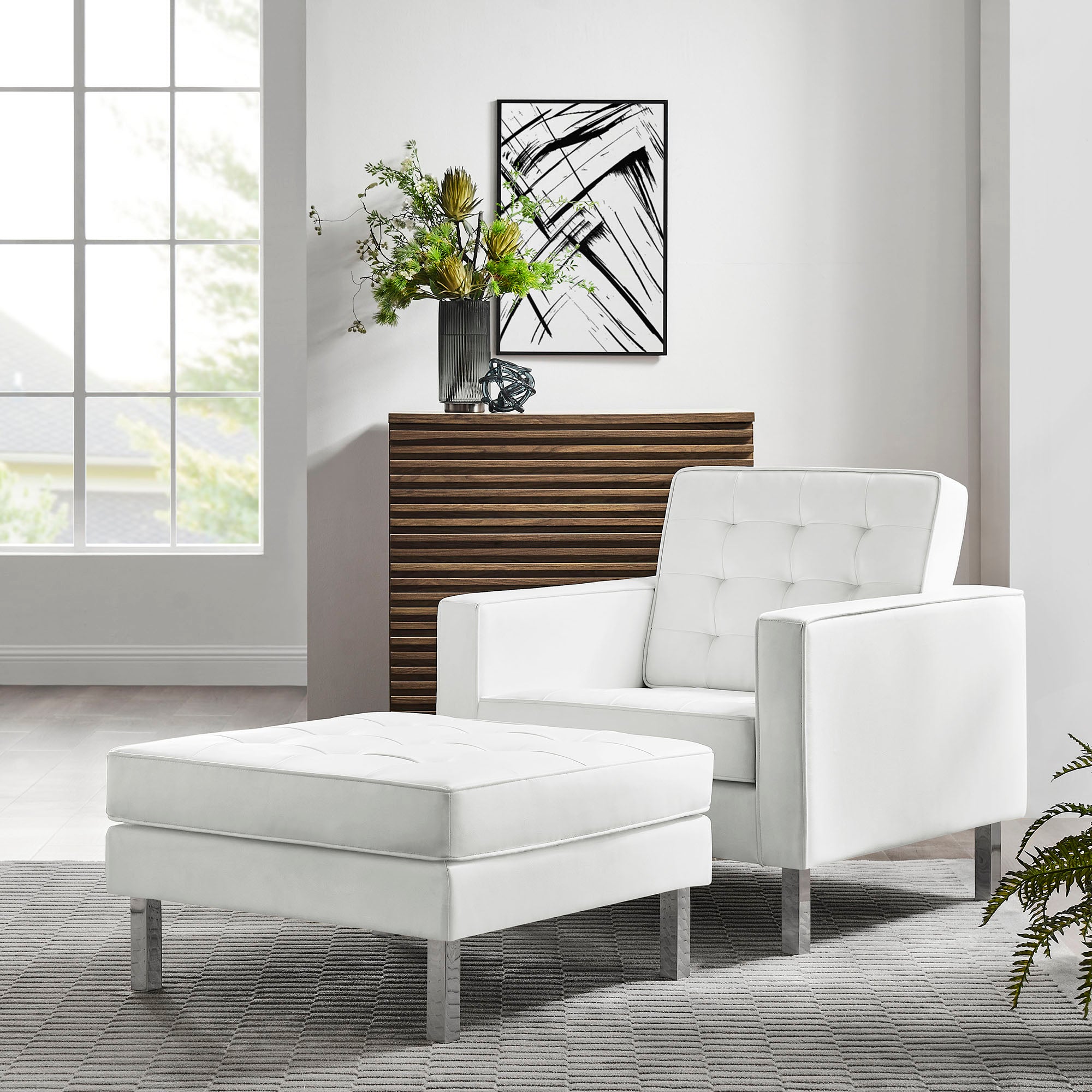 Modway Loft Tufted Vegan Leather Armchair and Ottoman Set