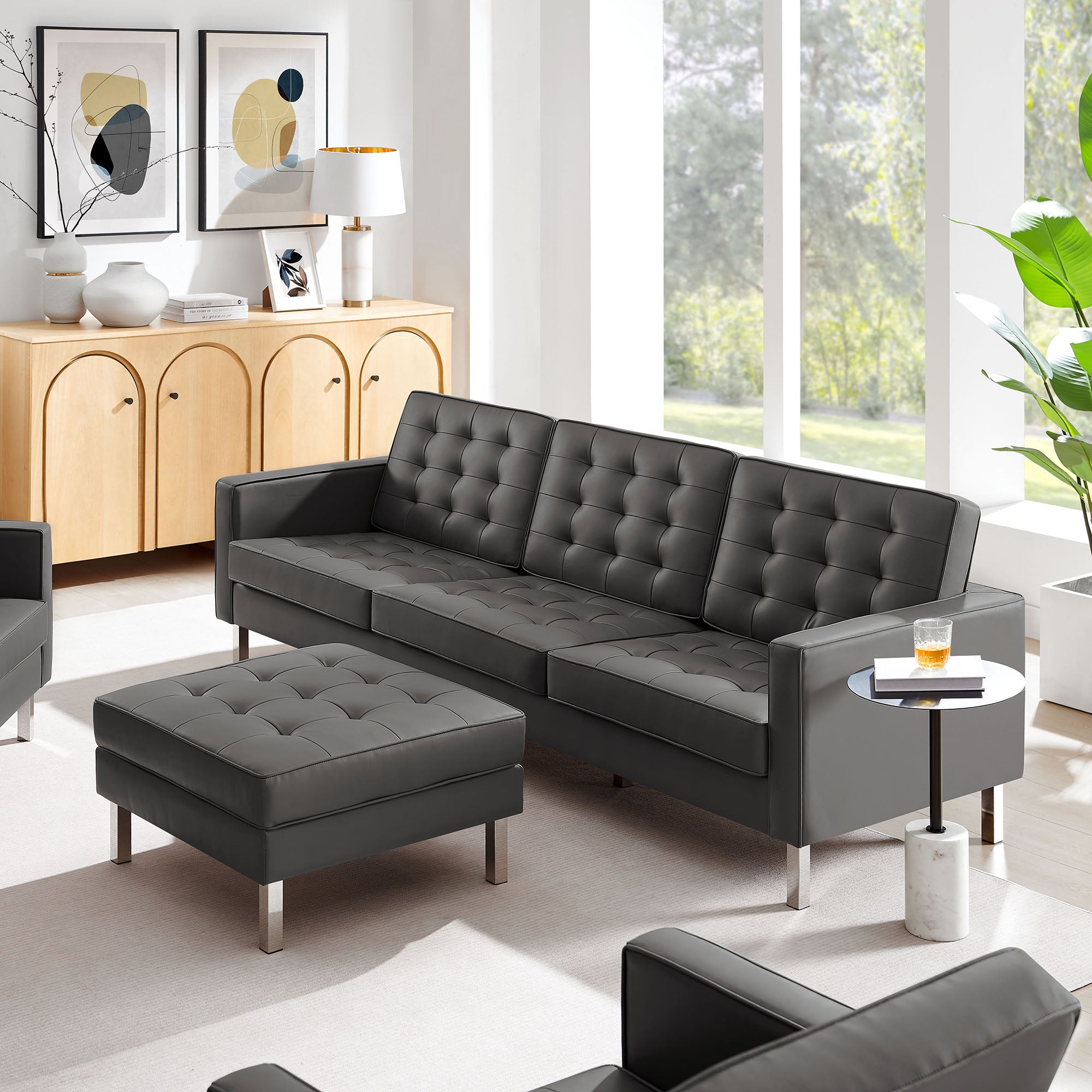 Modway Loft Tufted Vegan Leather Sofa and Ottoman Set