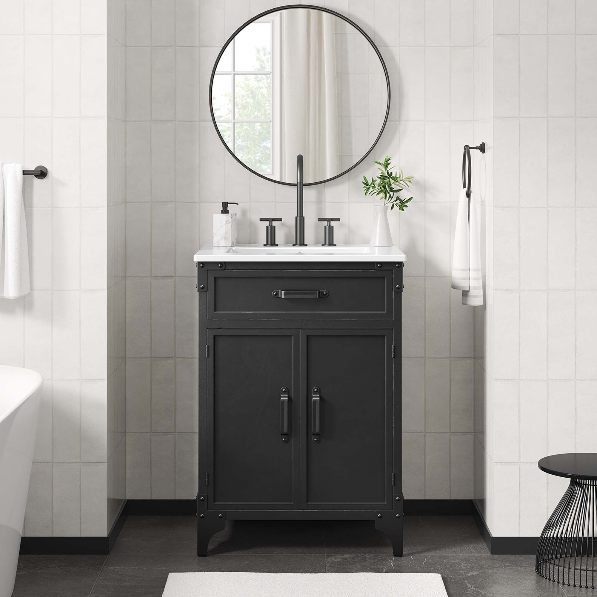 Modway Steamforge 24" Bathroom Vanity with Ceramic Sink – Industrial Modern, White/Black or Black/Black