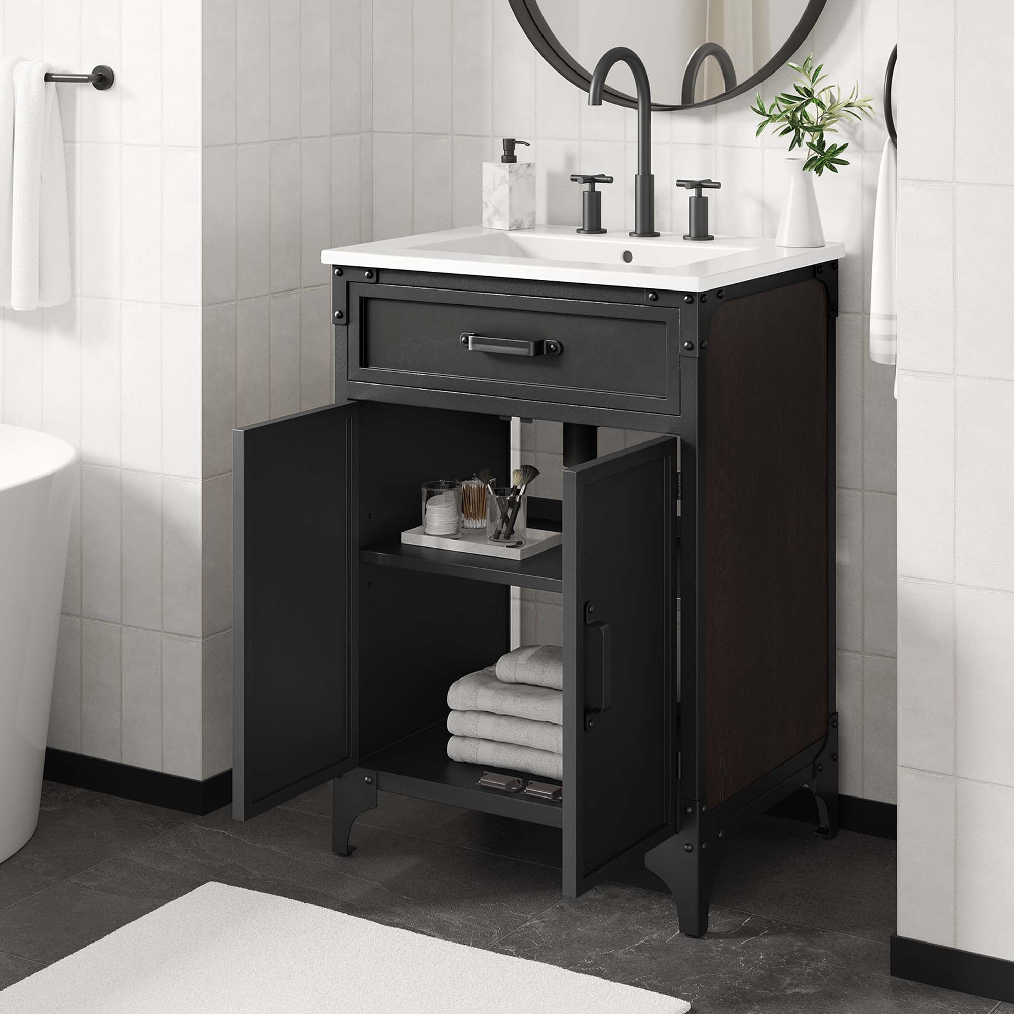 Modway Steamforge 24" Bathroom Vanity with Ceramic Sink – Industrial Modern, White/Black or Black/Black