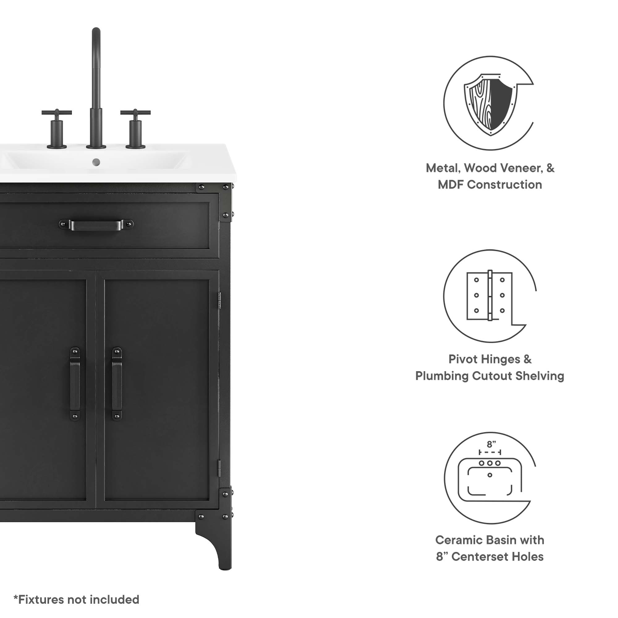 Modway Steamforge 24" Bathroom Vanity with Ceramic Sink – Industrial Modern, White/Black or Black/Black