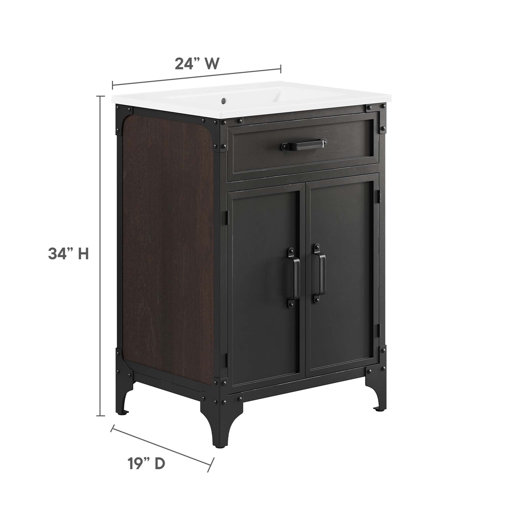 Modway Steamforge 24" Bathroom Vanity with Ceramic Sink – Industrial Modern, White/Black or Black/Black