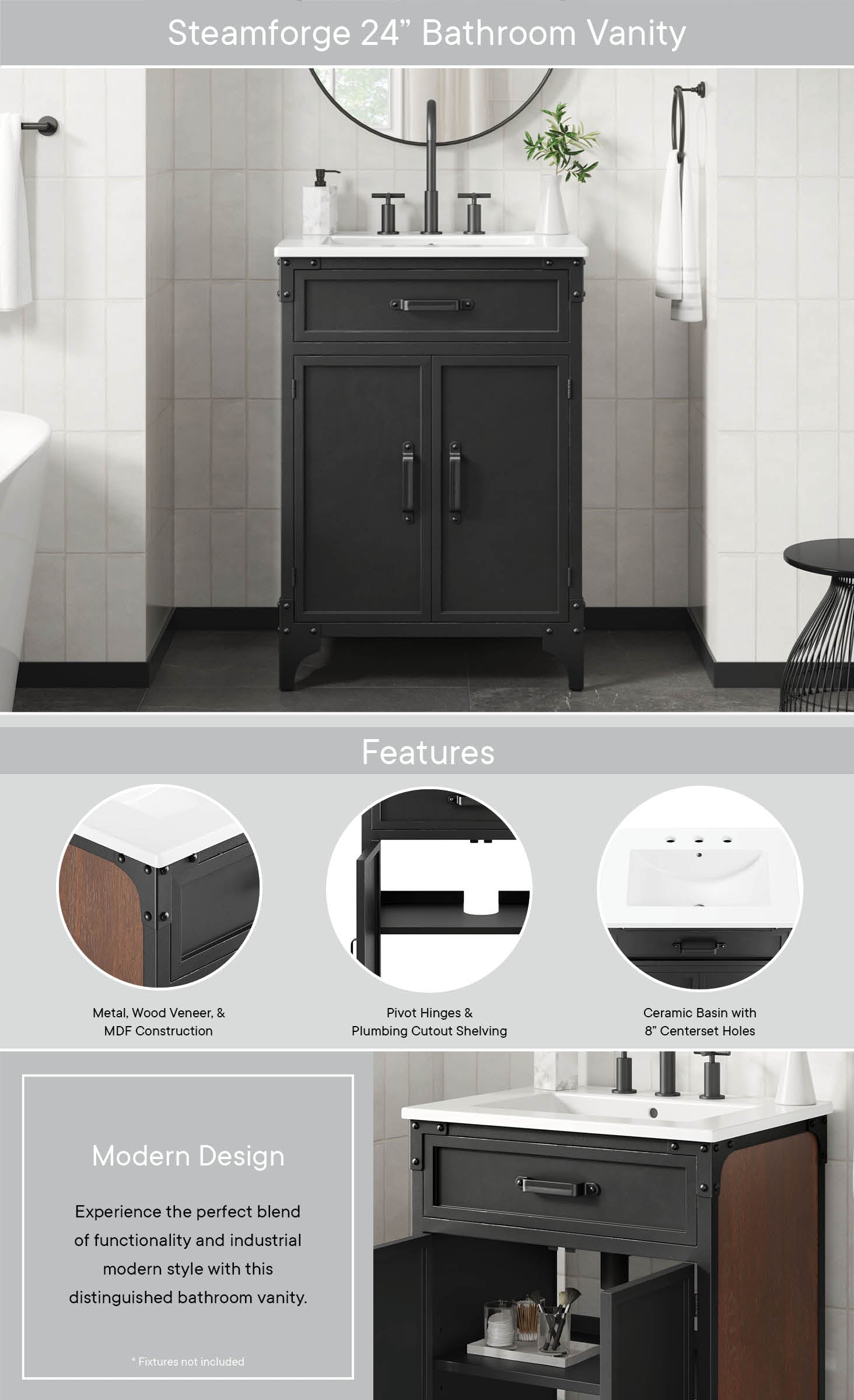 Modway Steamforge 24" Bathroom Vanity with Ceramic Sink – Industrial Modern, White/Black or Black/Black