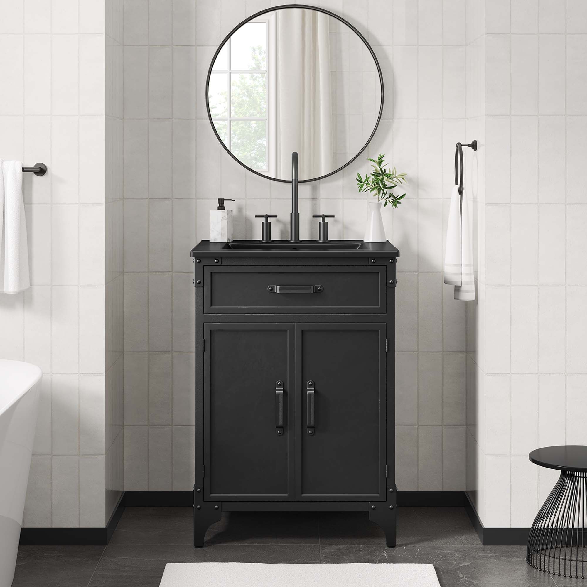 Modway Steamforge 24" Bathroom Vanity with Ceramic Sink – Industrial Modern, White/Black or Black/Black