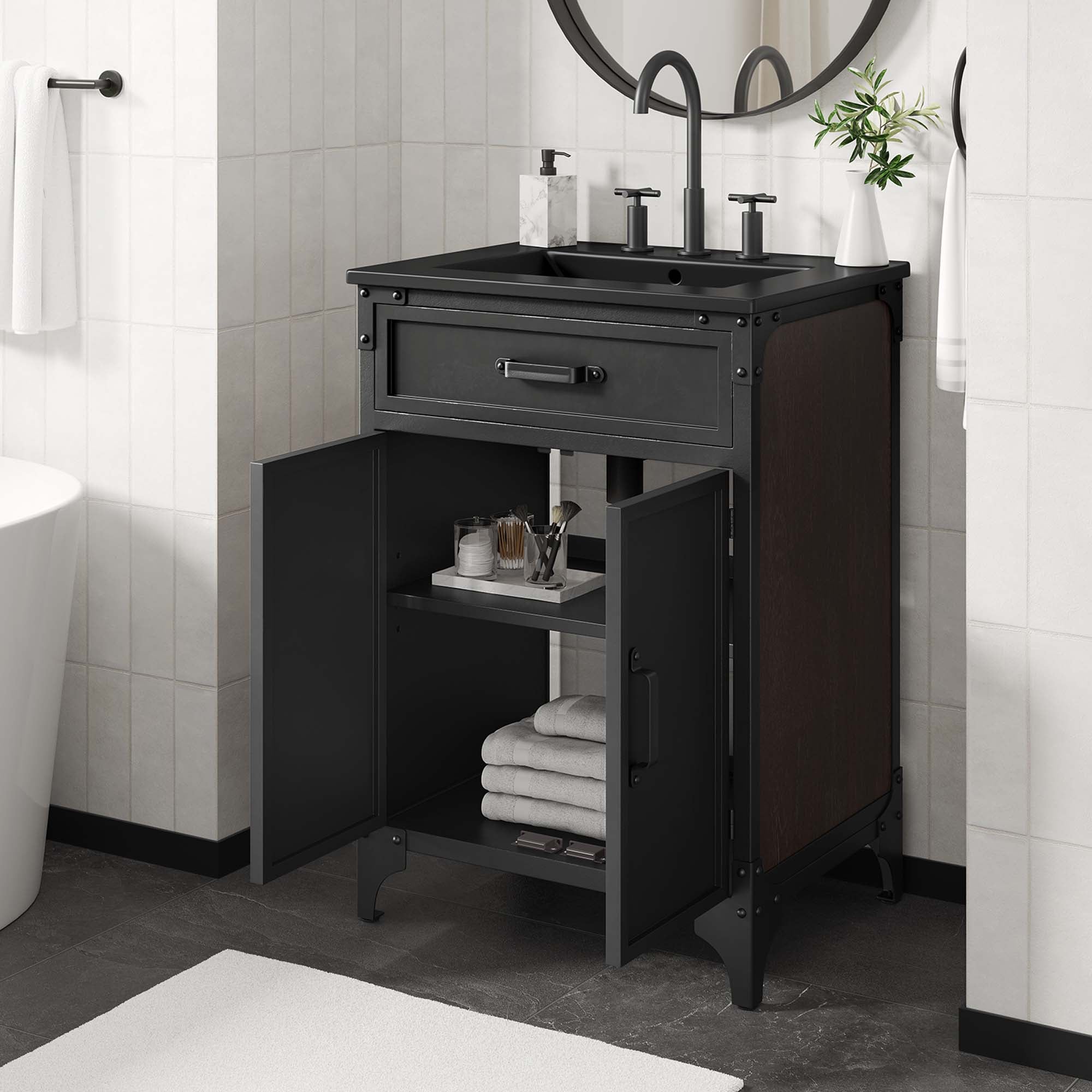 Modway Steamforge 24" Bathroom Vanity with Ceramic Sink – Industrial Modern, White/Black or Black/Black