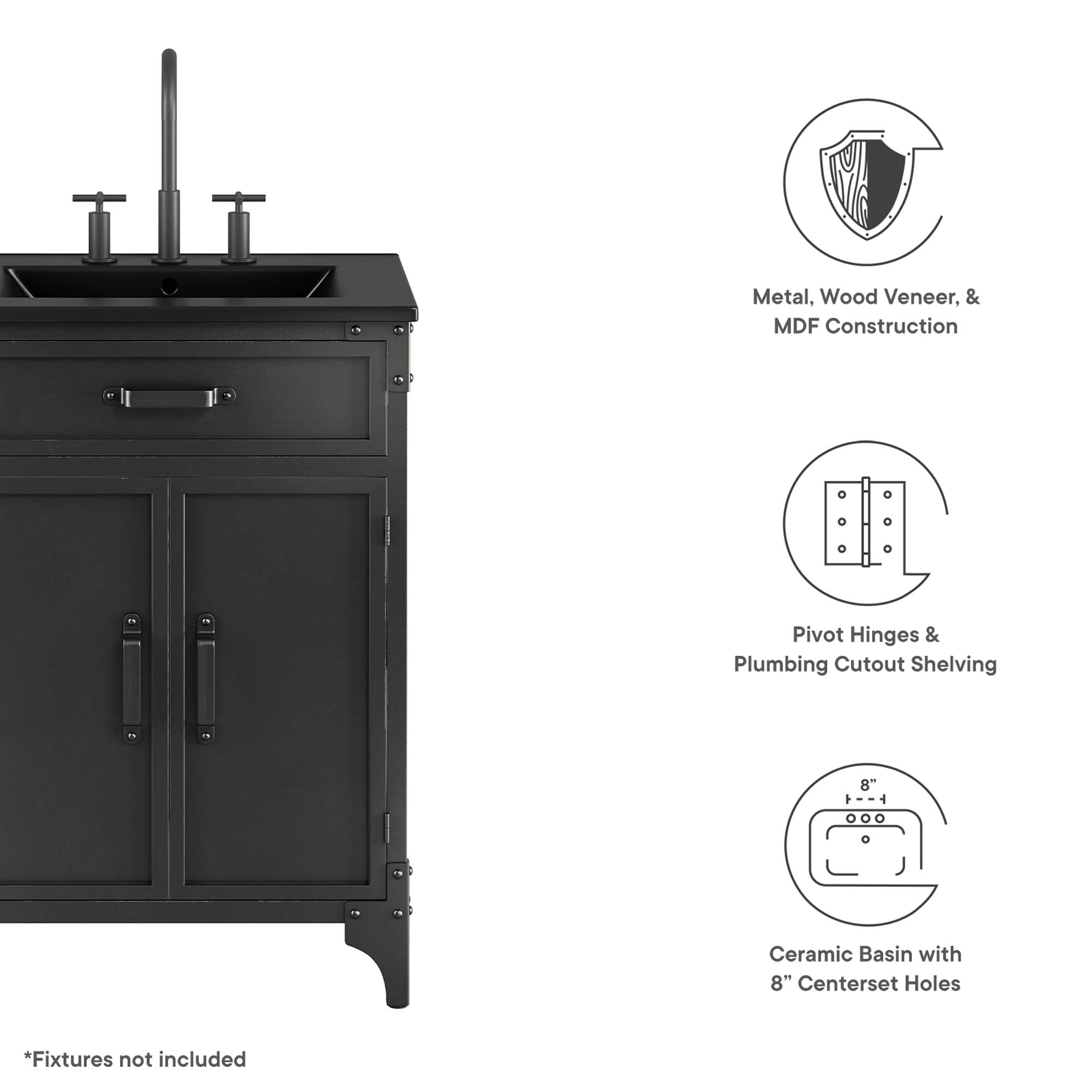 Modway Steamforge 24" Bathroom Vanity with Ceramic Sink – Industrial Modern, White/Black or Black/Black