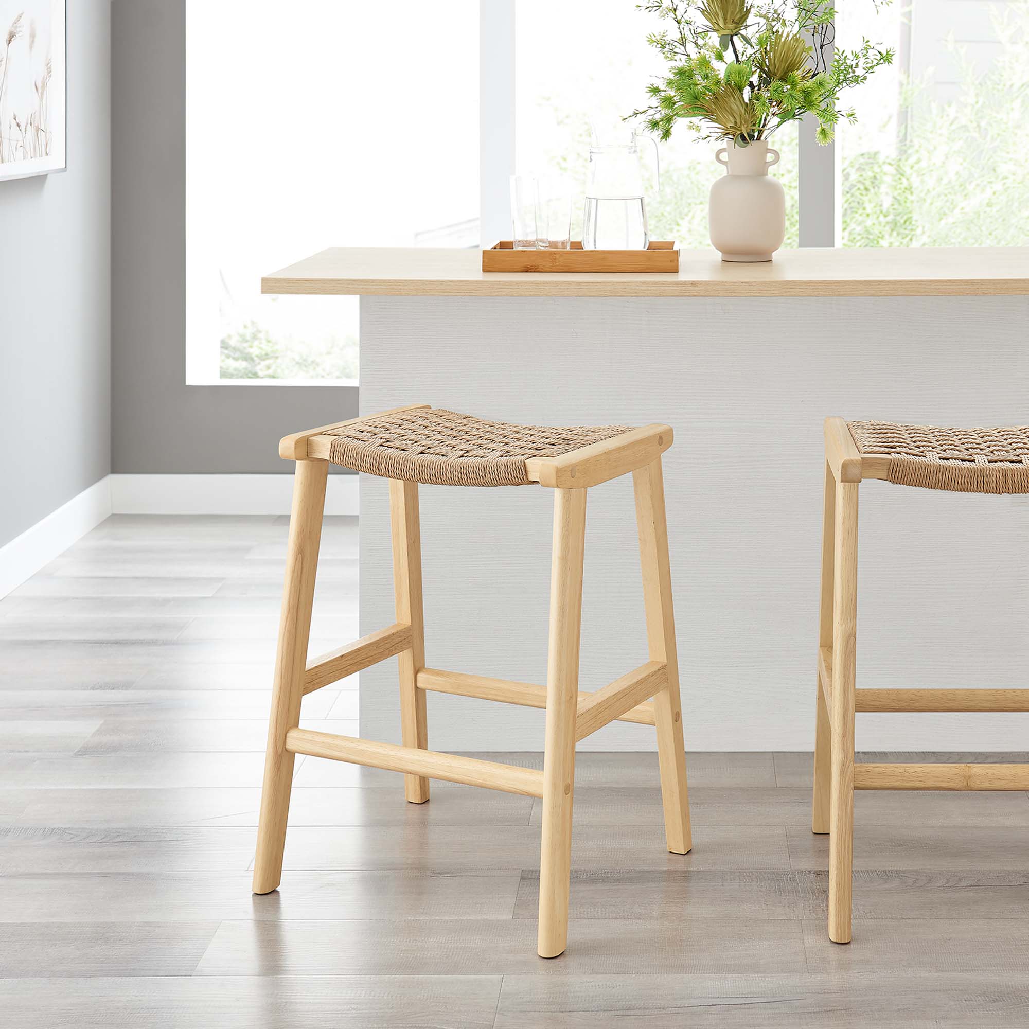 Modway Saoirse Woven Rope Wood Counter Stool Set of 2