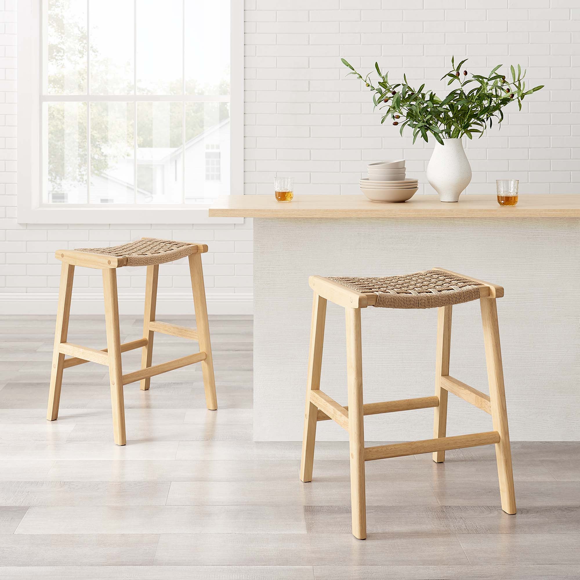 Modway Saoirse Woven Rope Wood Counter Stool Set of 2
